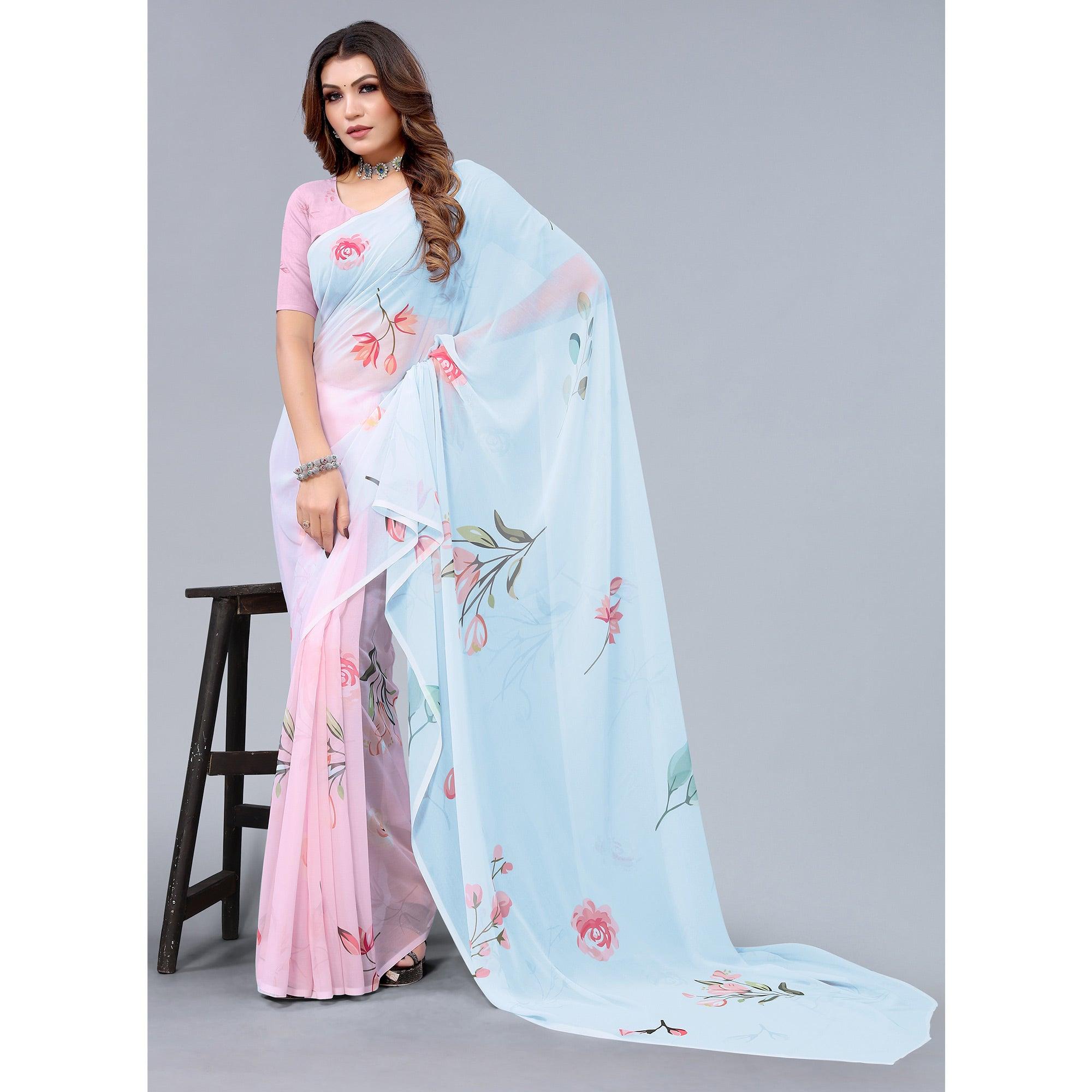 Pink-Blue Printed Half & Half Georgette Saree - Peachmode