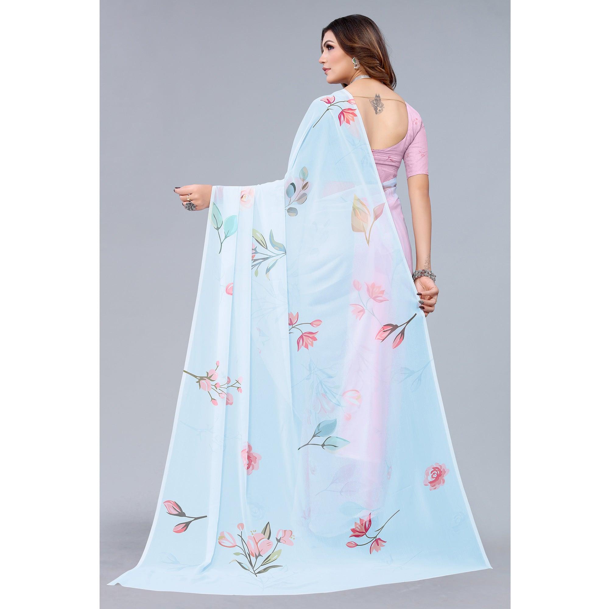 Pink-Blue Printed Half & Half Georgette Saree - Peachmode