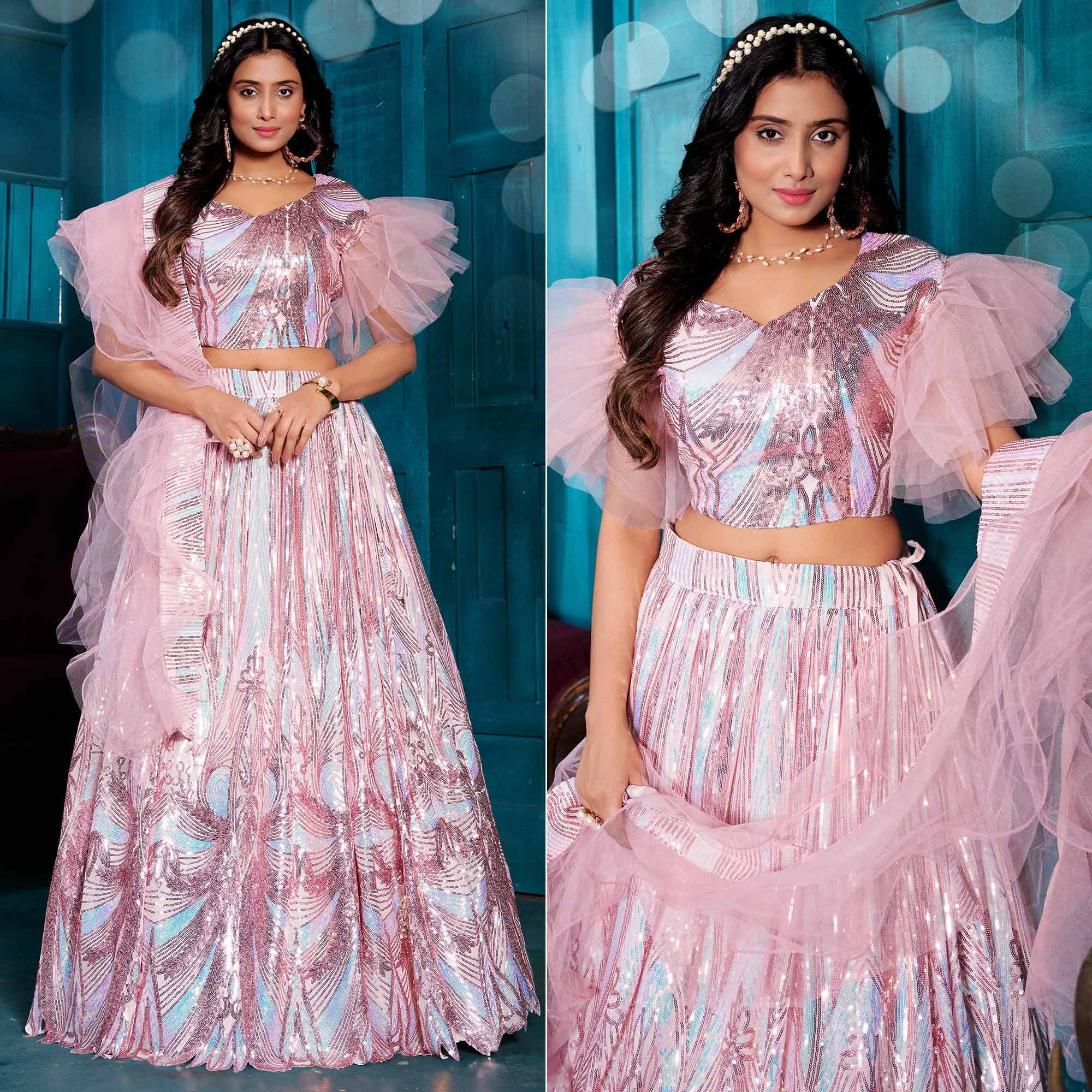 Pink-Blue Sequence Embroidered With Stonework Art Silk Lehenga Choli - Peachmode