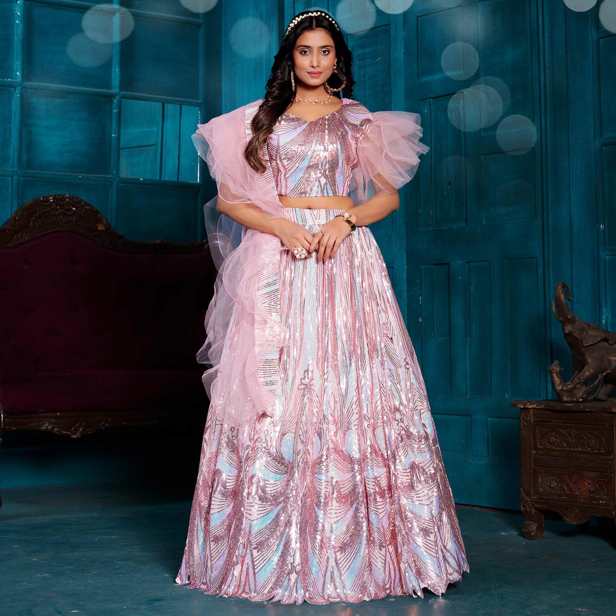 Pink-Blue Sequence Embroidered With Stonework Art Silk Lehenga Choli - Peachmode