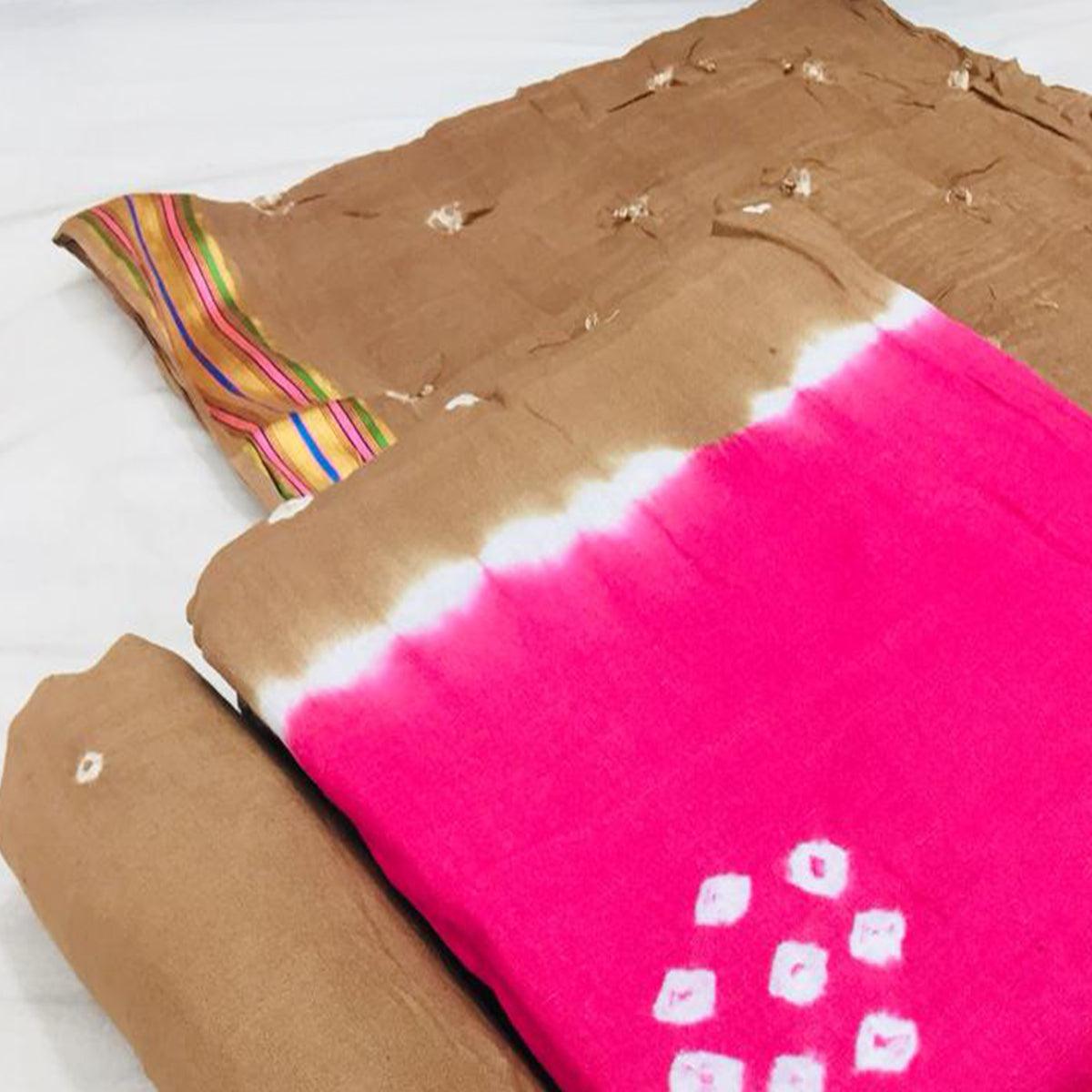 Pink-Brown Bandhani Printed Cotton Blend Dress Material - Peachmode