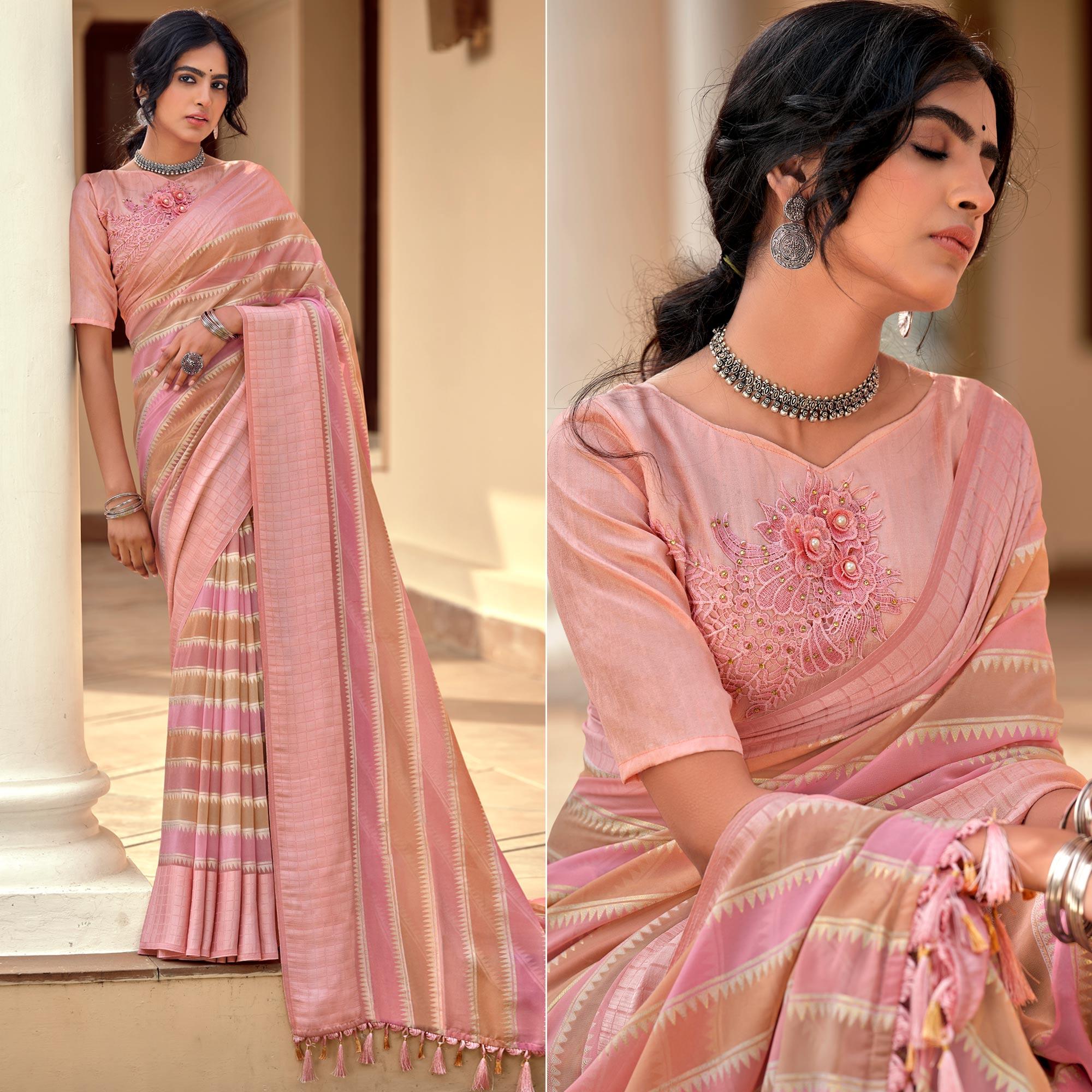 Pink-Brown Party Wear Foil Printed Georgette Saree With Tassels - Peachmode