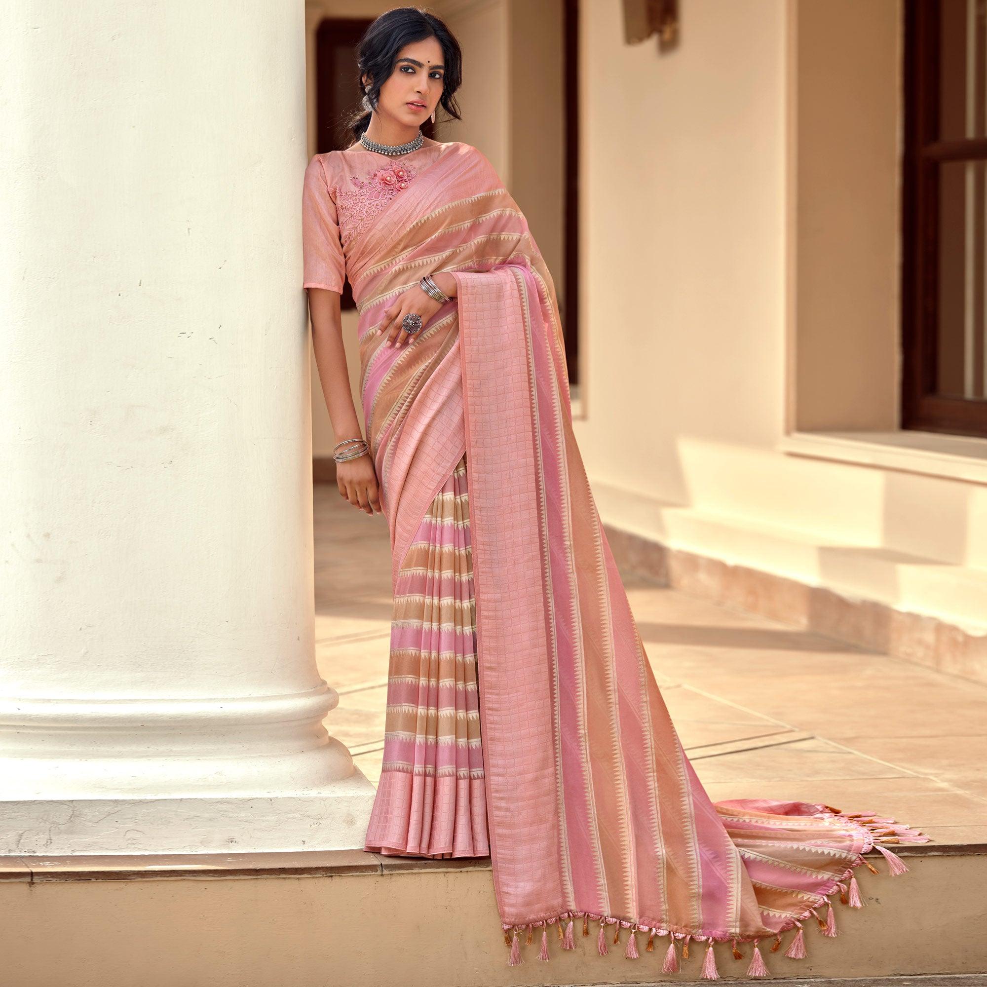 Pink-Brown Party Wear Foil Printed Georgette Saree With Tassels - Peachmode