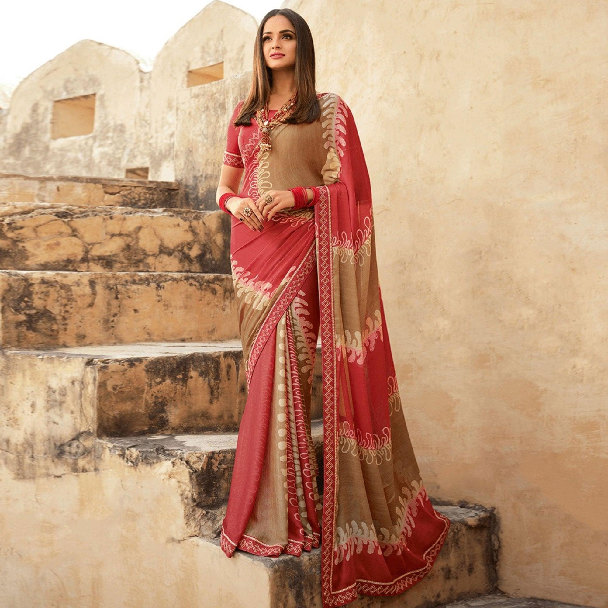 Pink-Brown Printed Georgette Saree - Peachmode