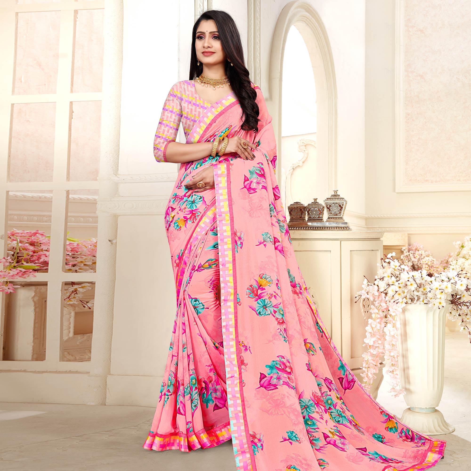 Pink Casaul Wear Floral Printed Georgette Saree With Satin Lace - Peachmode