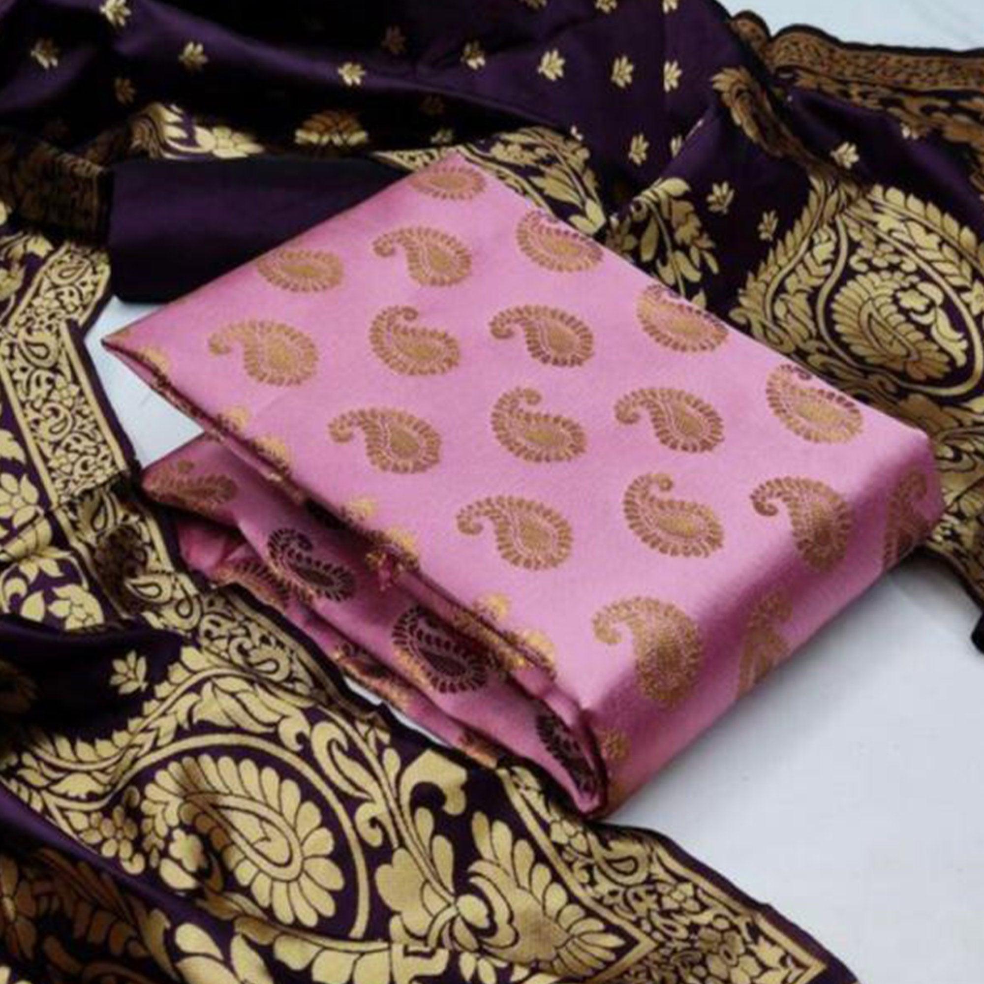 Pink Casaul Wear Woven Banarasi Silk Dress Material - Peachmode