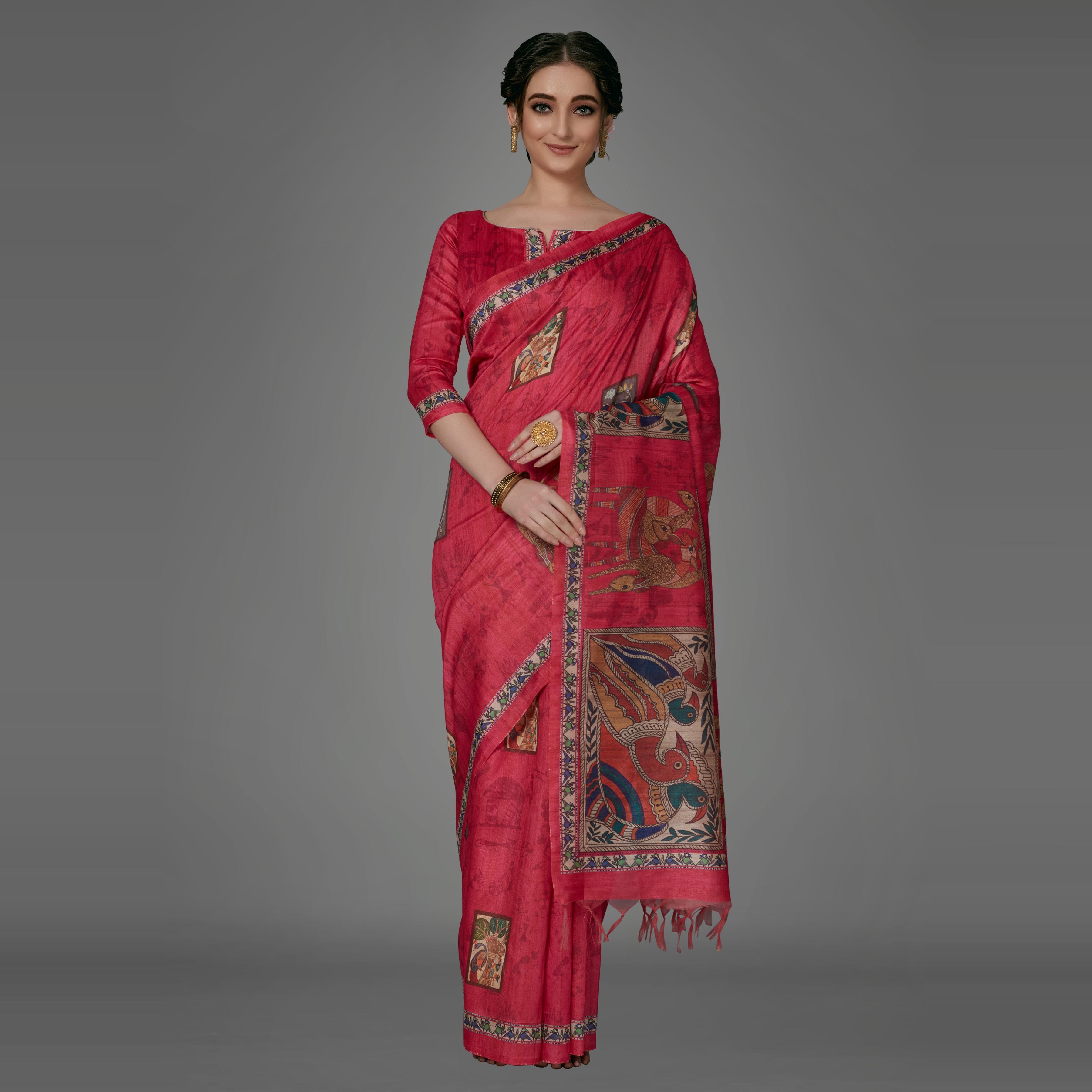 Pink Casual Art Silk Printed Saree With Unstitched Blouse - Peachmode