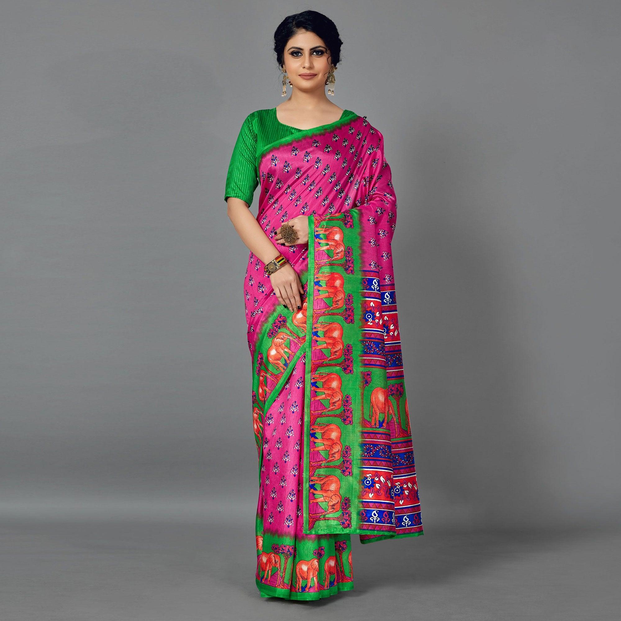 Pink Casual Art Silk Printed Saree With Unstitched Blouse - Peachmode