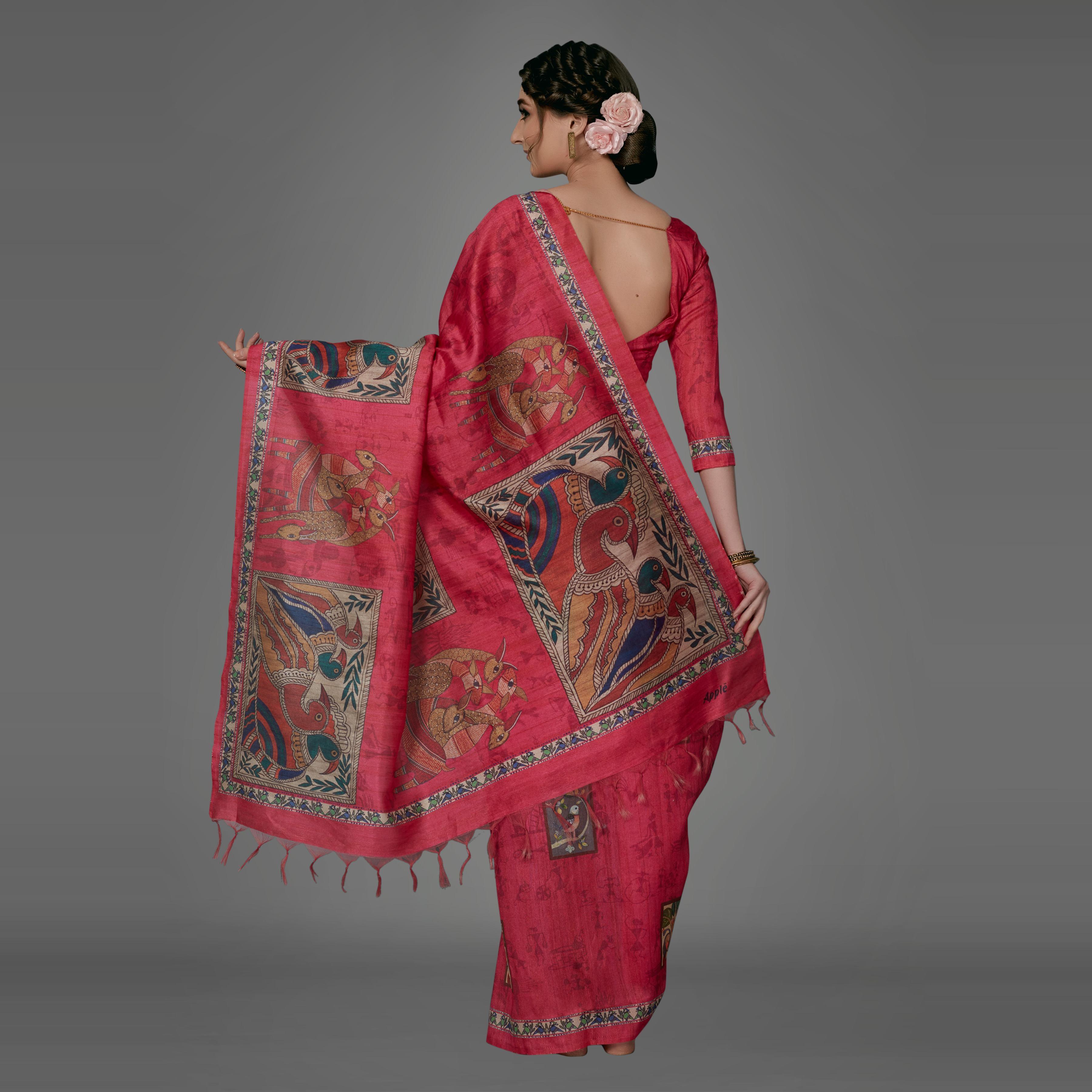 Pink Casual Art Silk Printed Saree With Unstitched Blouse - Peachmode