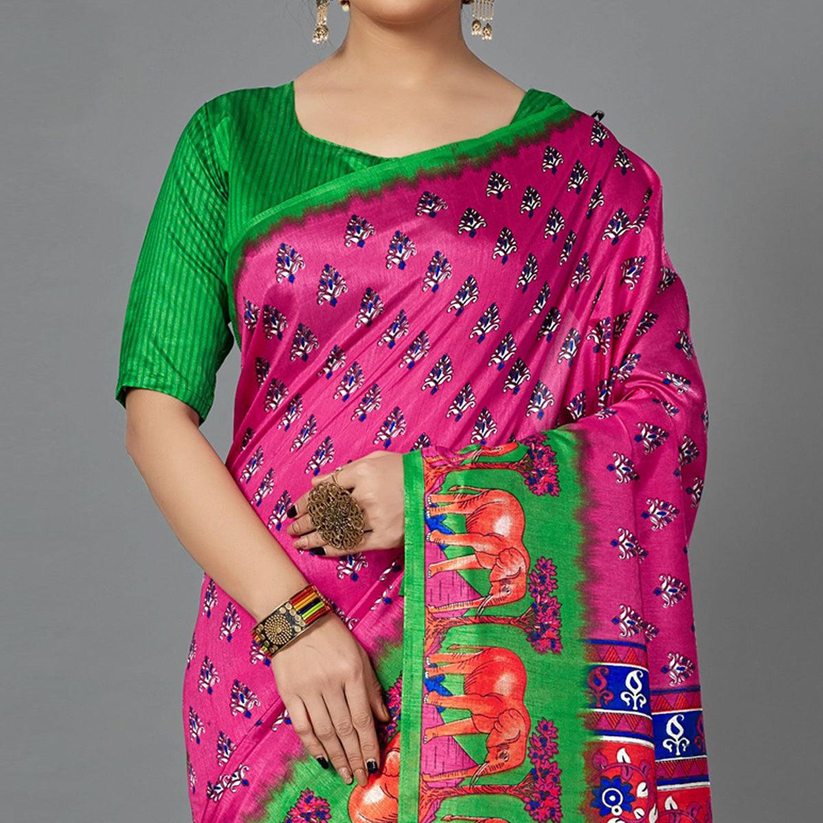 Pink Casual Art Silk Printed Saree With Unstitched Blouse - Peachmode