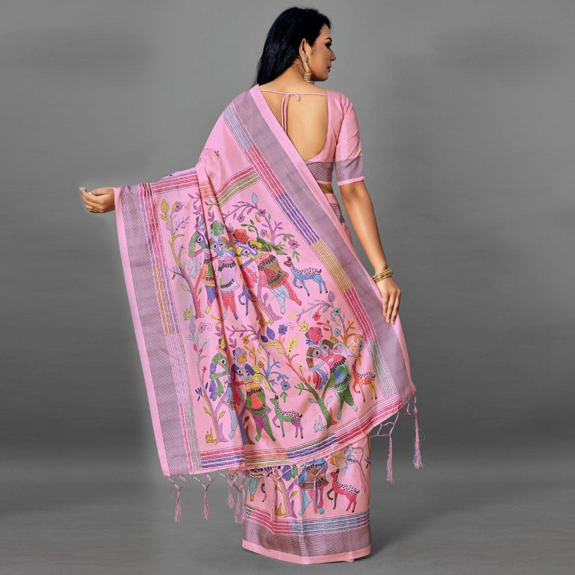 Pink Casual Art Silk Printed Saree With Unstitched Blouse - Peachmode