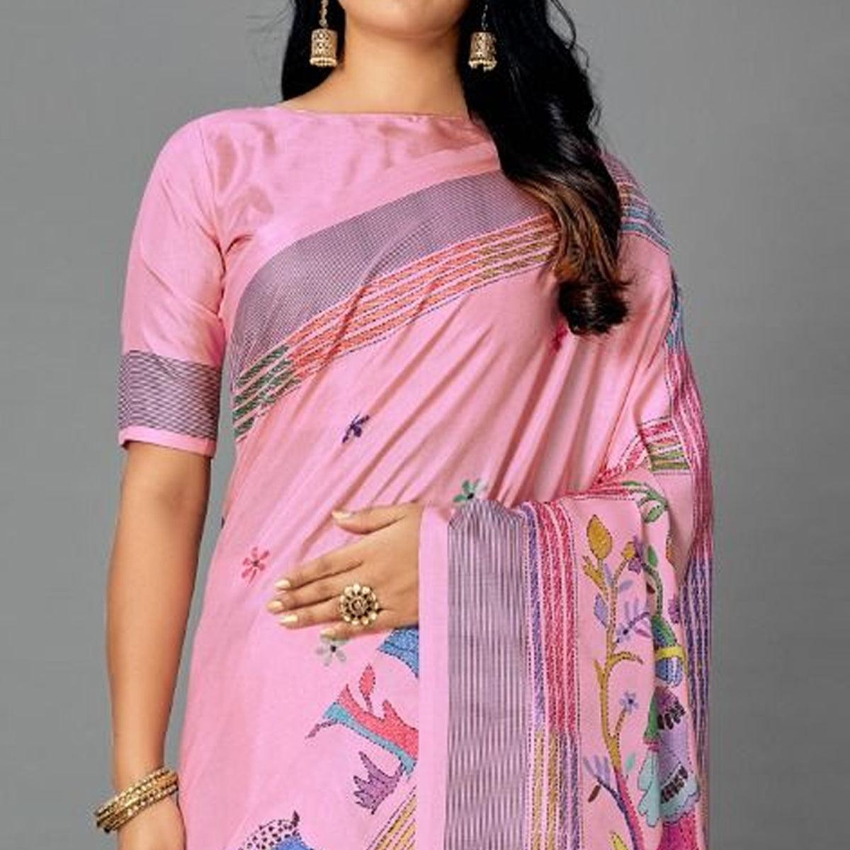 Pink Casual Art Silk Printed Saree With Unstitched Blouse - Peachmode