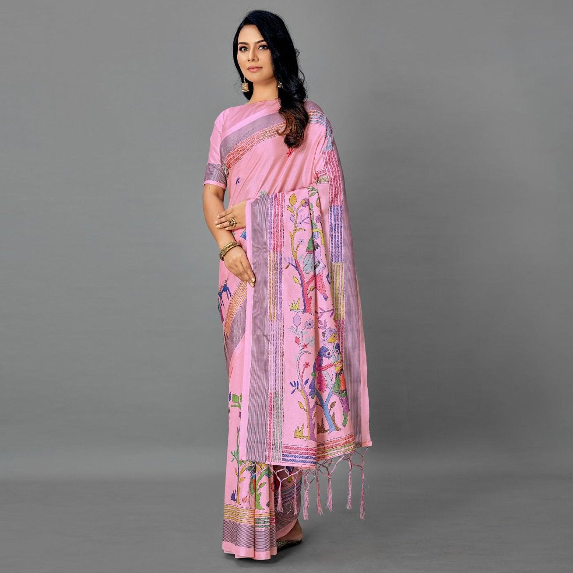 Pink Casual Art Silk Printed Saree With Unstitched Blouse - Peachmode
