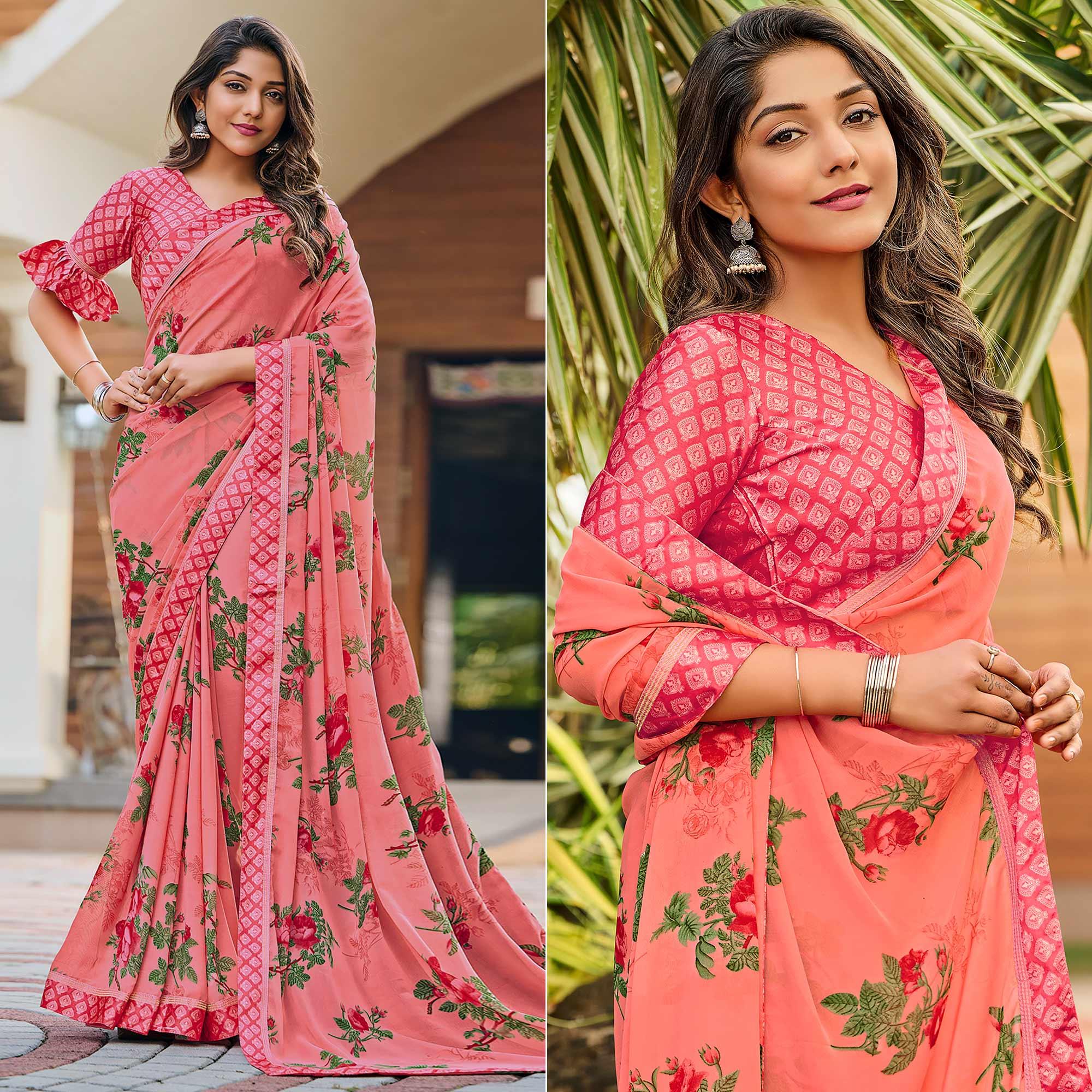 Pink Casual Floral Printed Georgette Saree - Peachmode