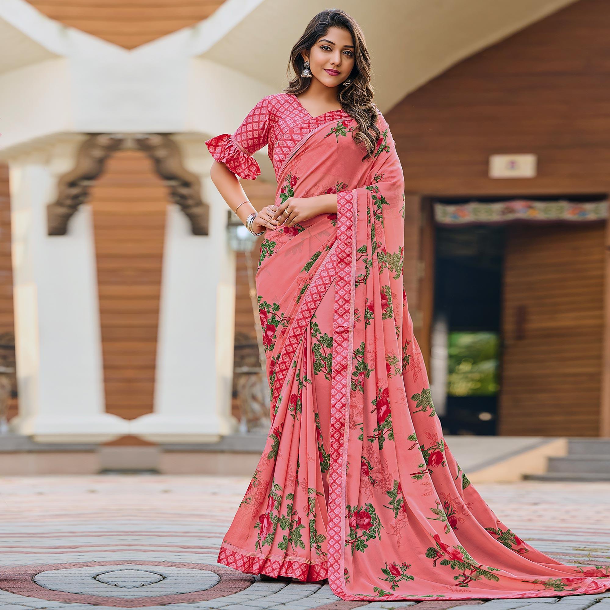 Pink Casual Floral Printed Georgette Saree - Peachmode