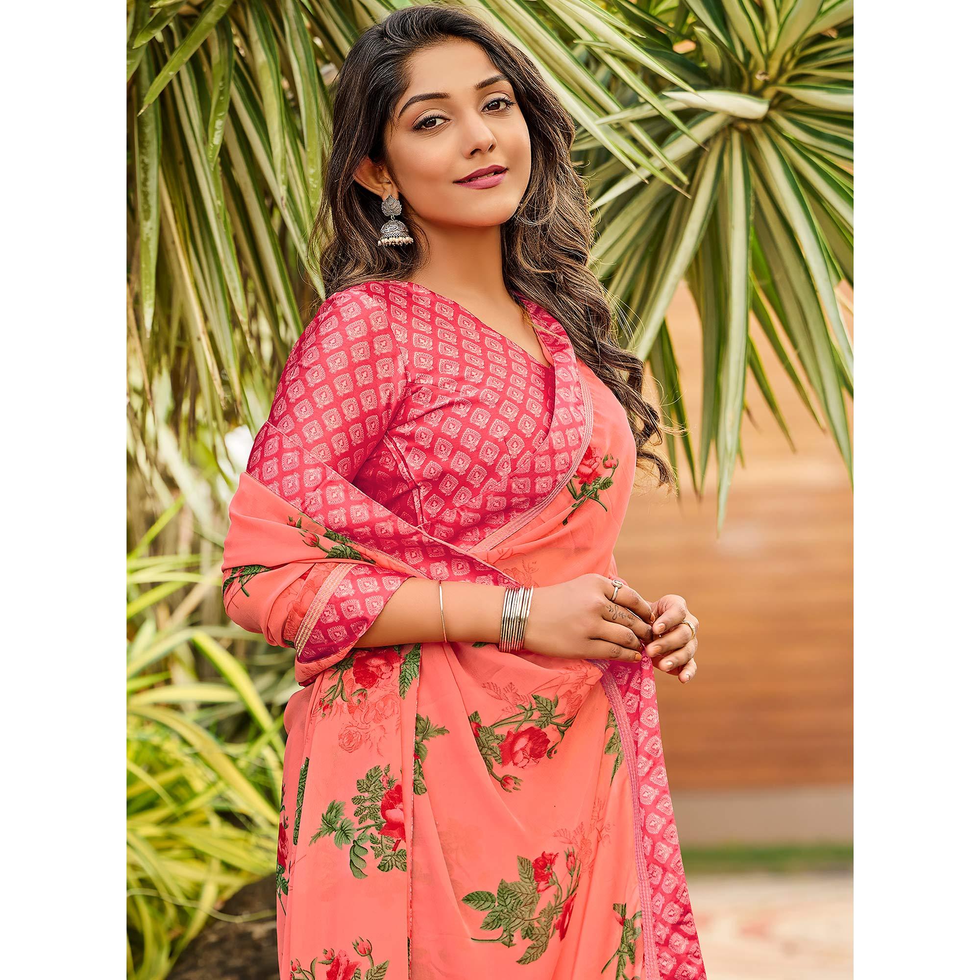 Pink Casual Floral Printed Georgette Saree - Peachmode