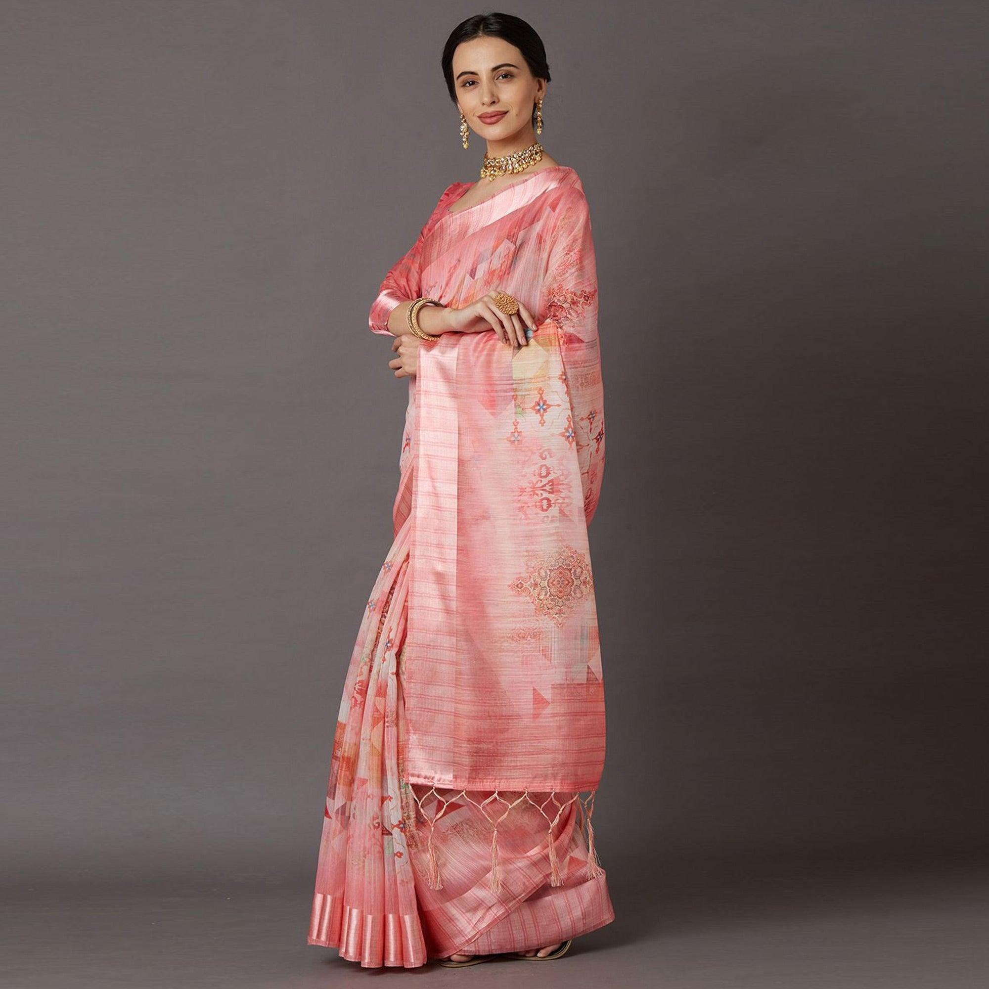 Pink Casual Linen Blend Printed Saree With Unstitched Blouse - Peachmode