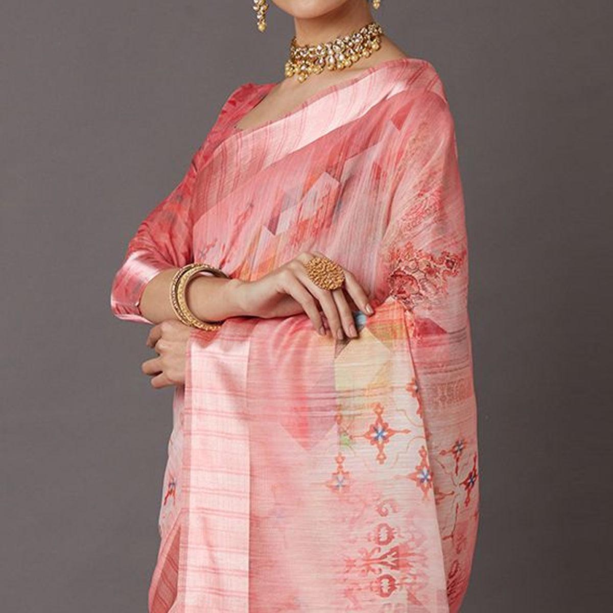 Pink Casual Linen Blend Printed Saree With Unstitched Blouse - Peachmode