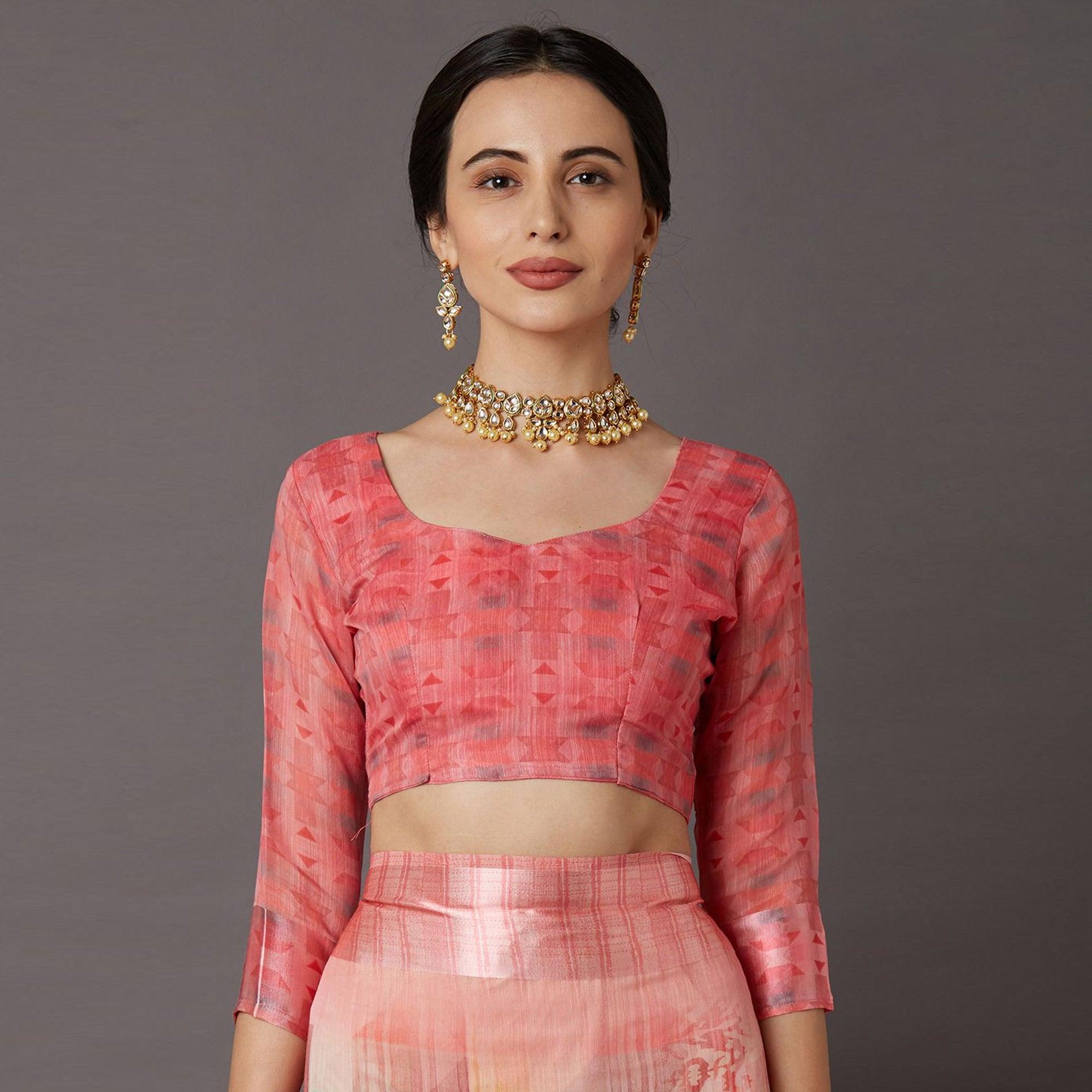 Pink Casual Linen Blend Printed Saree With Unstitched Blouse - Peachmode
