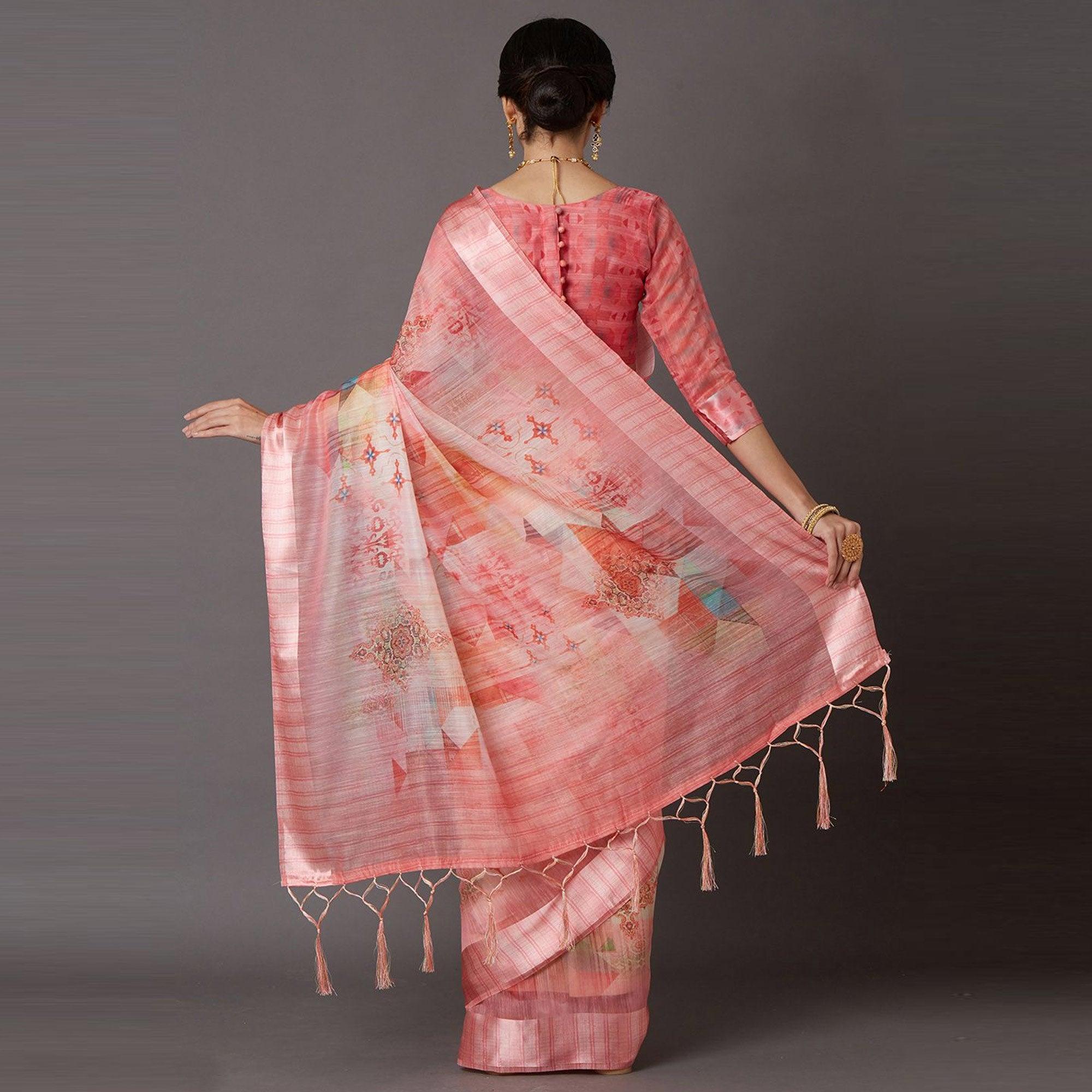 Pink Casual Linen Blend Printed Saree With Unstitched Blouse - Peachmode