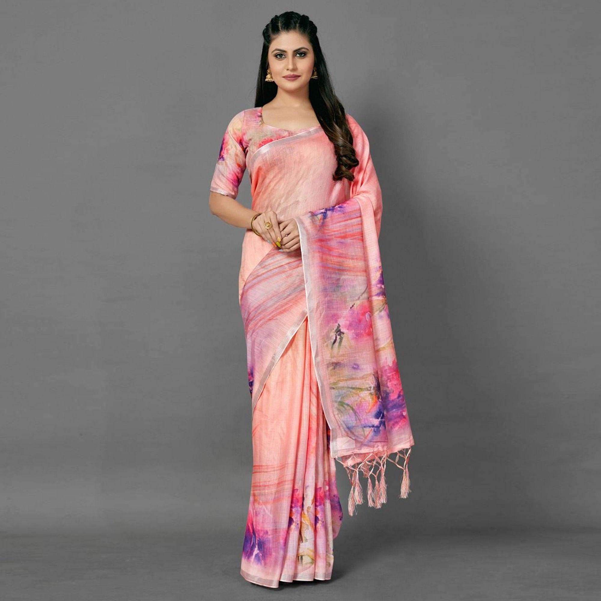 Pink Casual Pure Linen Digital Print Saree With Unstitched Blouse - Peachmode