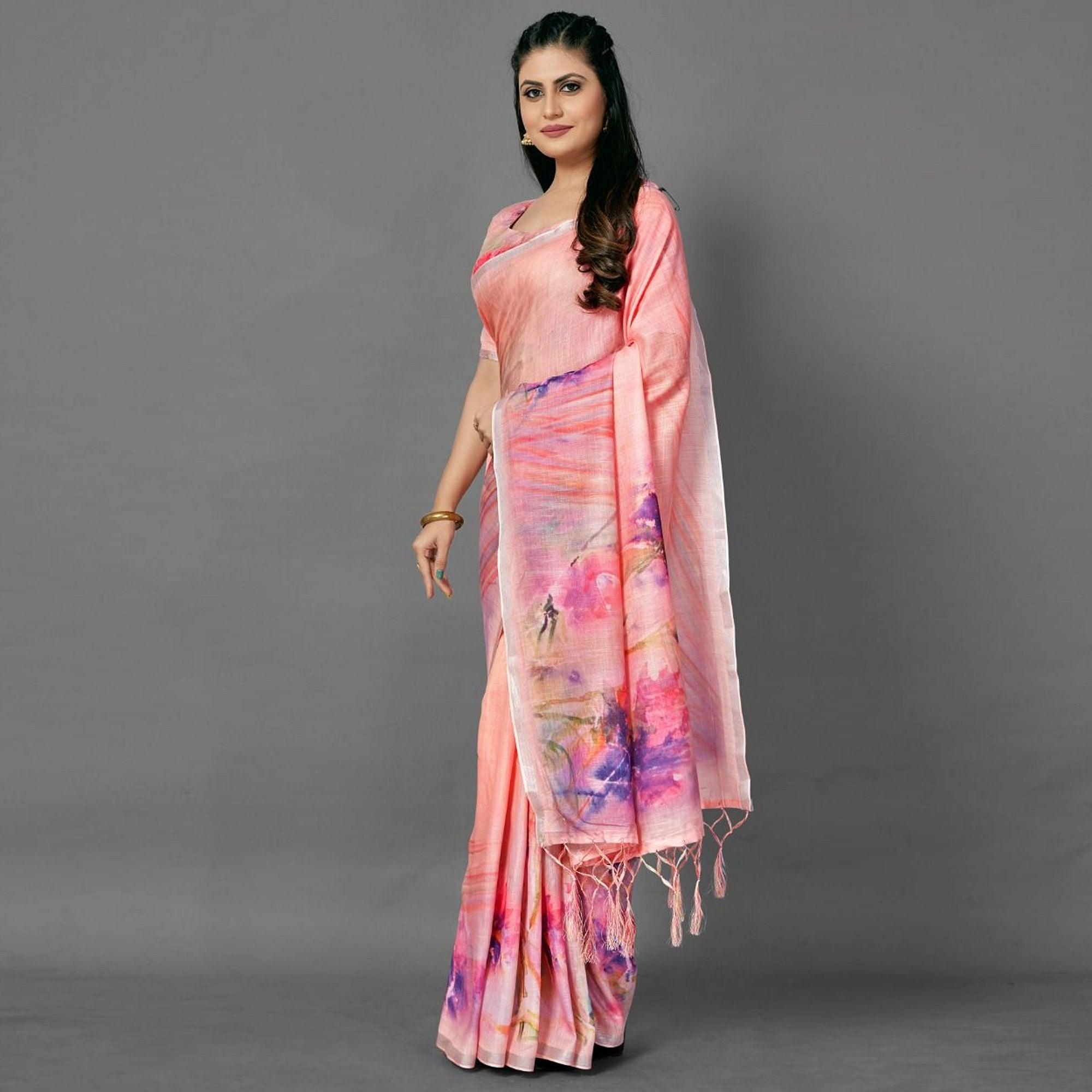 Pink Casual Pure Linen Digital Print Saree With Unstitched Blouse - Peachmode