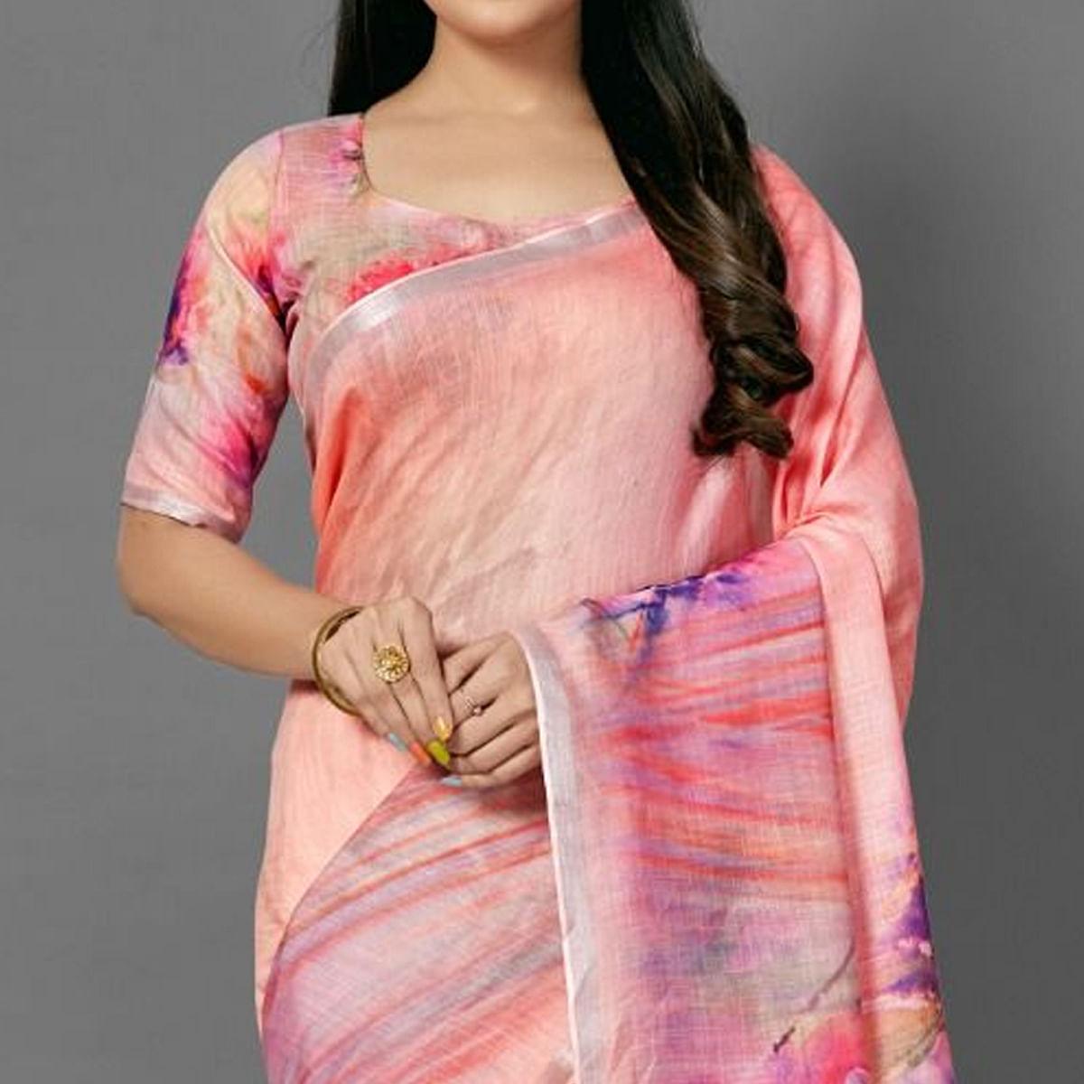 Pink Casual Pure Linen Digital Print Saree With Unstitched Blouse - Peachmode