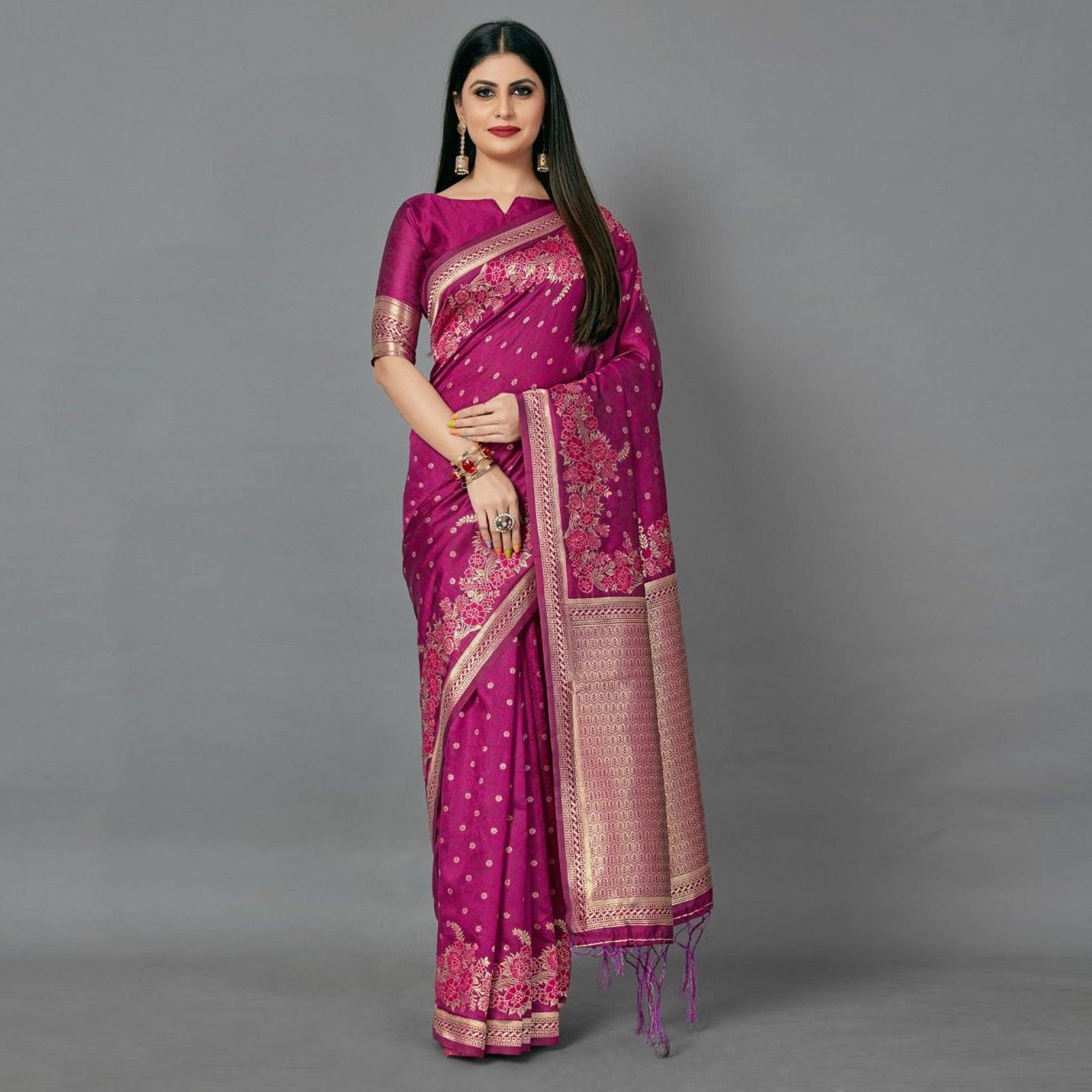 Pink Casual Silk Blend Printed Saree With Unstitched Blouse - Peachmode