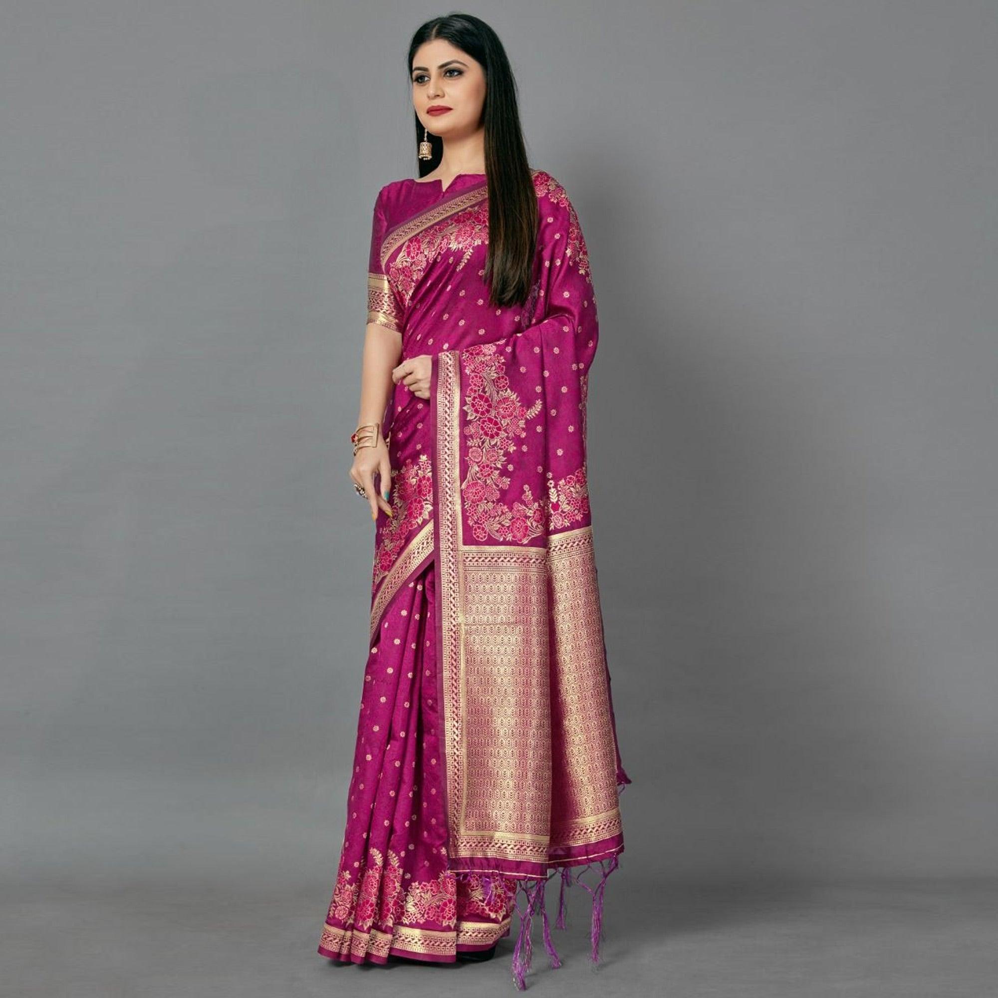 Pink Casual Silk Blend Printed Saree With Unstitched Blouse - Peachmode