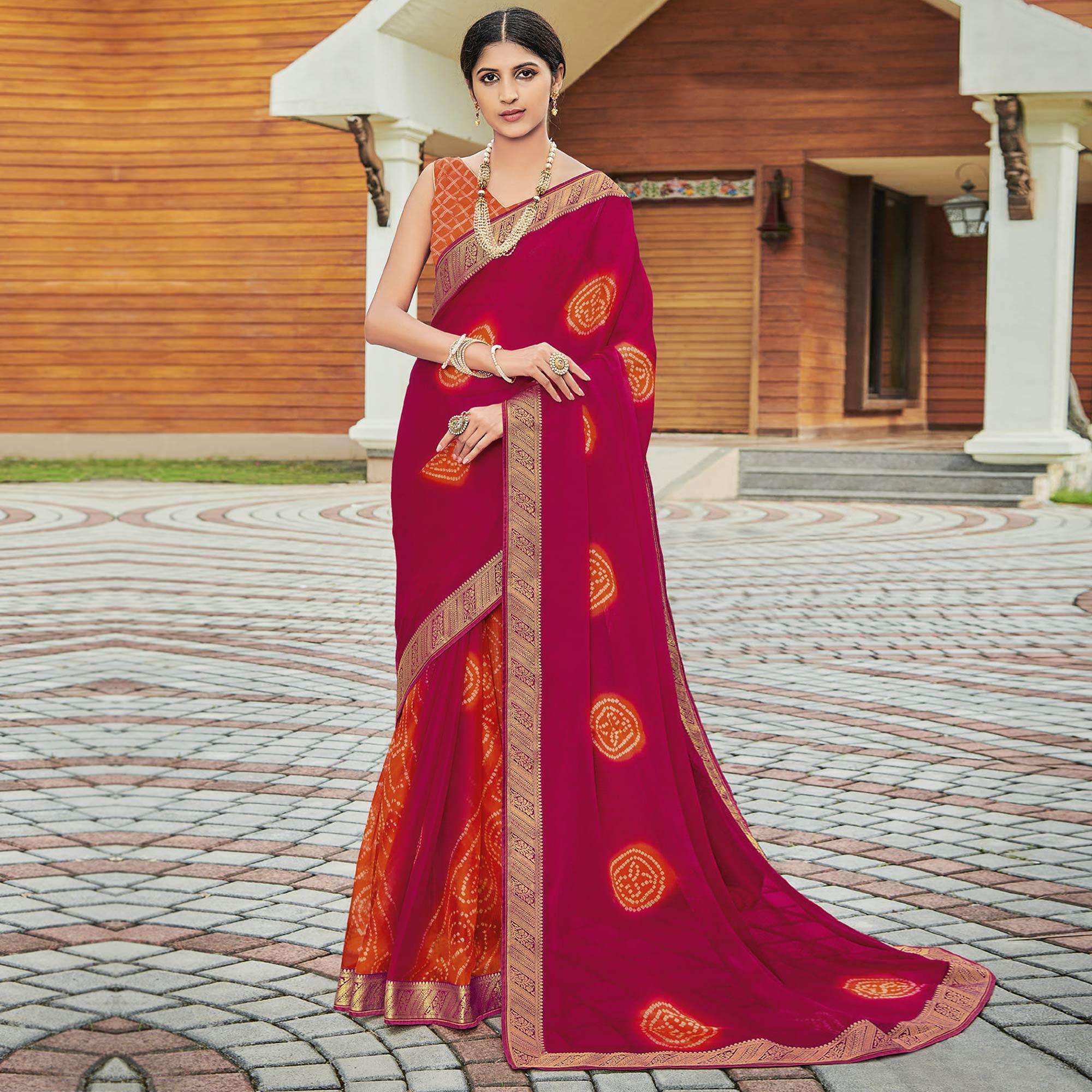Pink Casual Wear Bandhani Printed Chiffon Saree - Peachmode