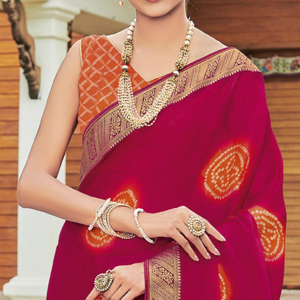 Pink Casual Wear Bandhani Printed Chiffon Saree - Peachmode