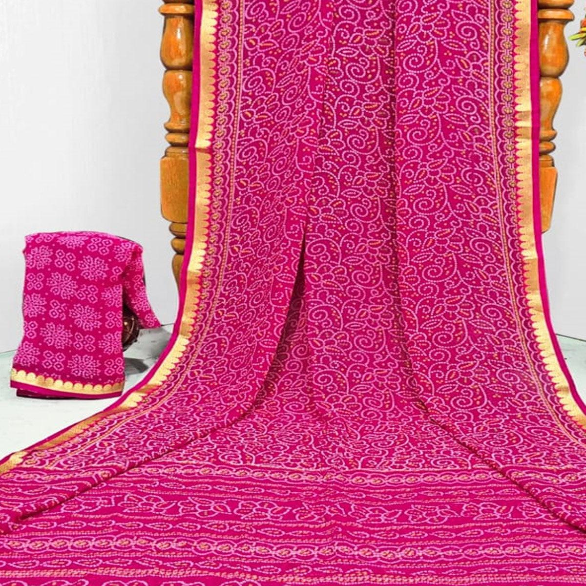 Pink Casual Wear Bandhani Printed Georgette Saree With Designer Border - Peachmode