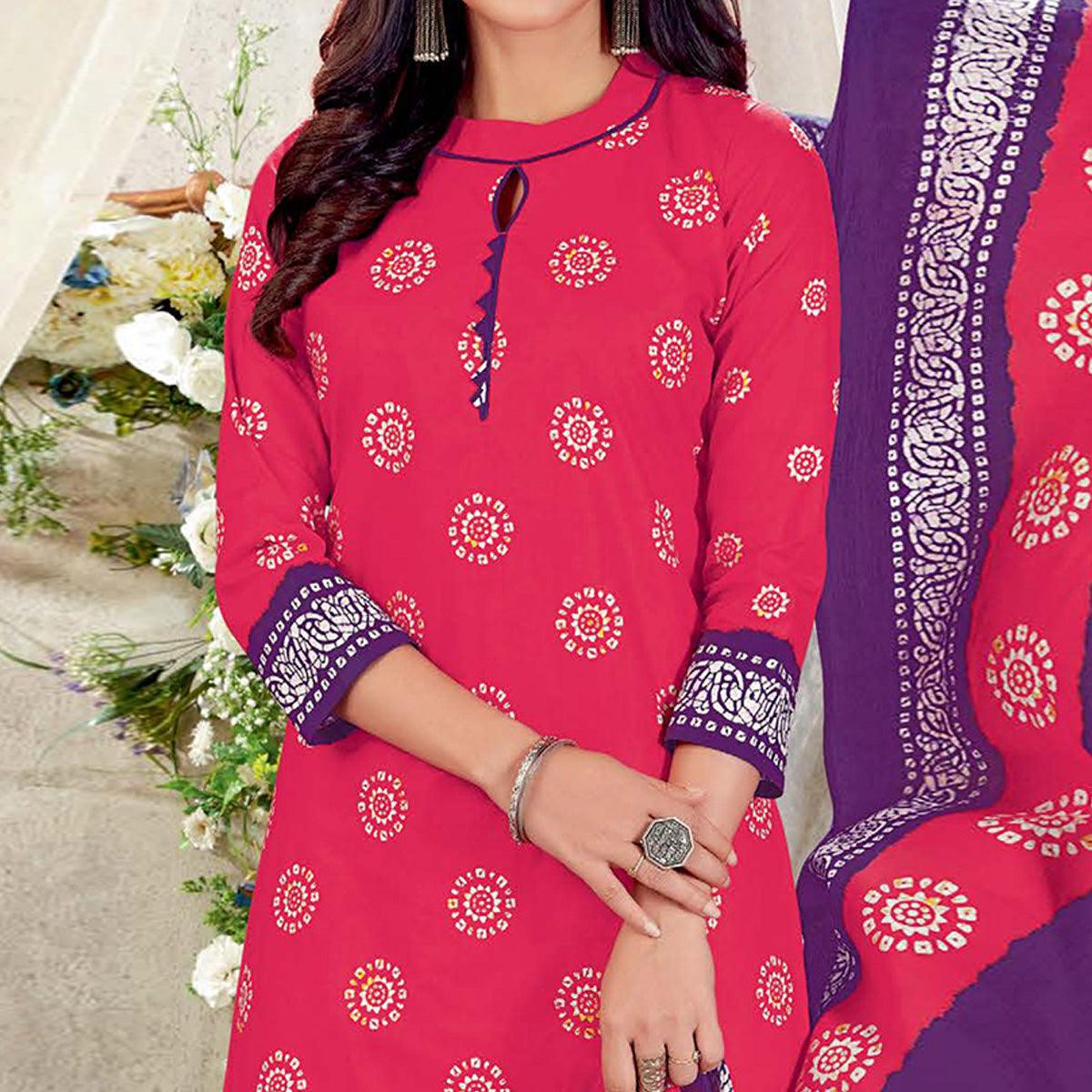 Pink Casual Wear Batik Printed Cotton Patiala Dress Material - Peachmode