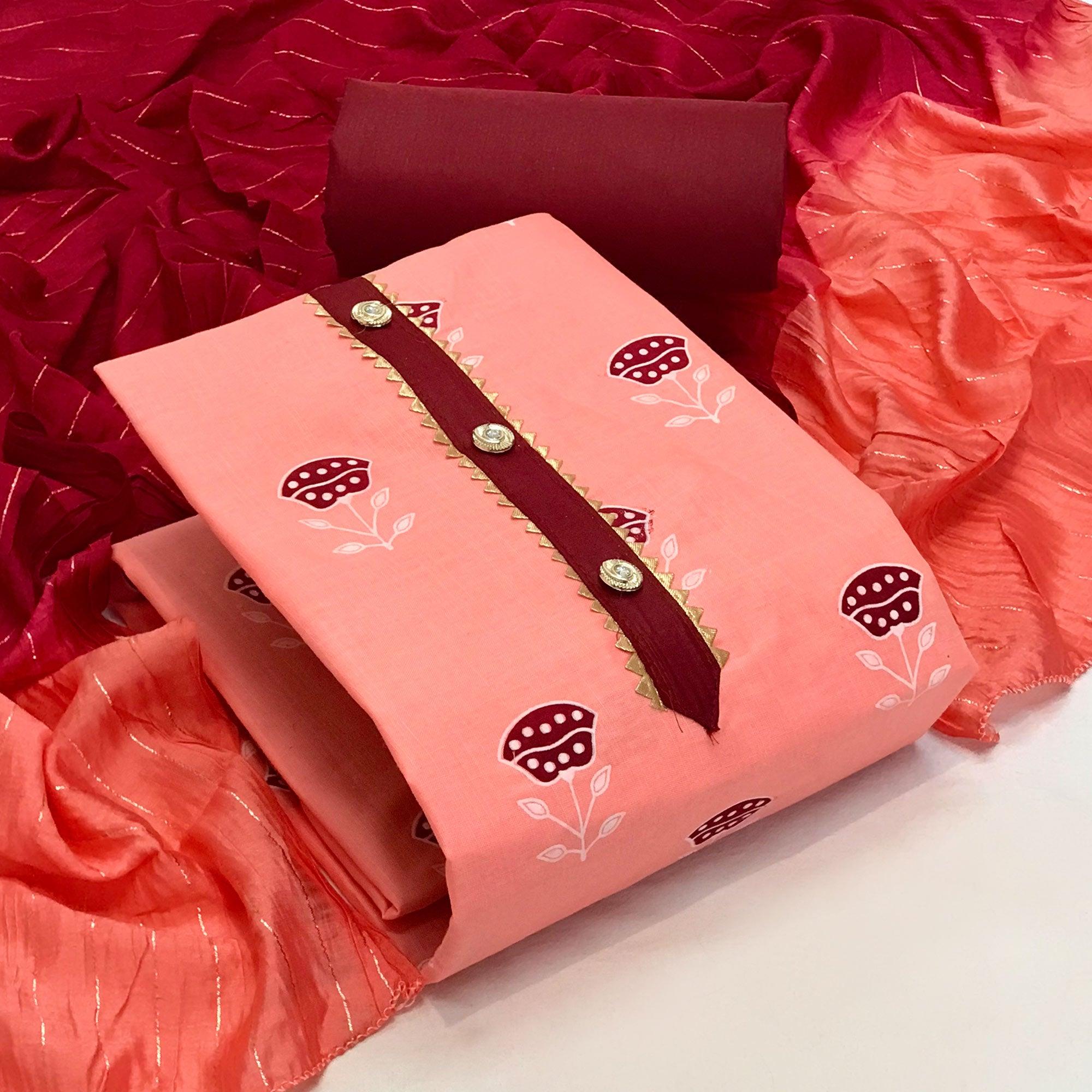 Pink Casual Wear Block Printed Cotton Dress Material