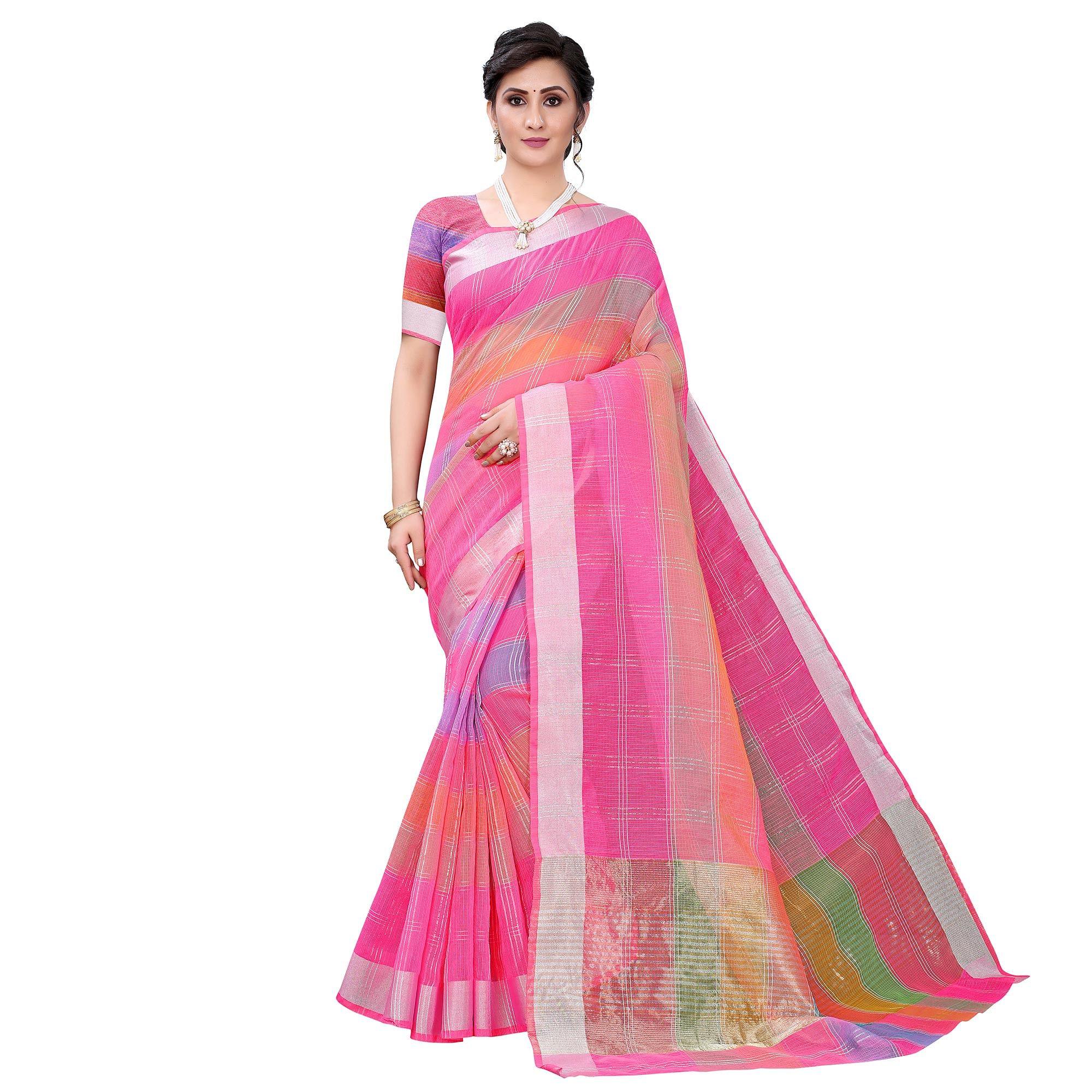 Pink Casual Wear Checks Printed Silk Saree With Border - Peachmode