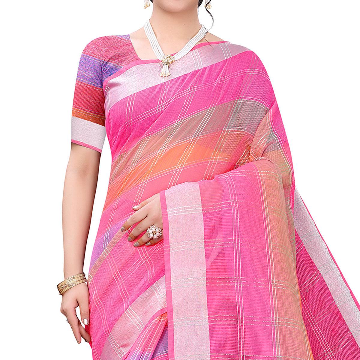 Pink Casual Wear Checks Printed Silk Saree With Border - Peachmode