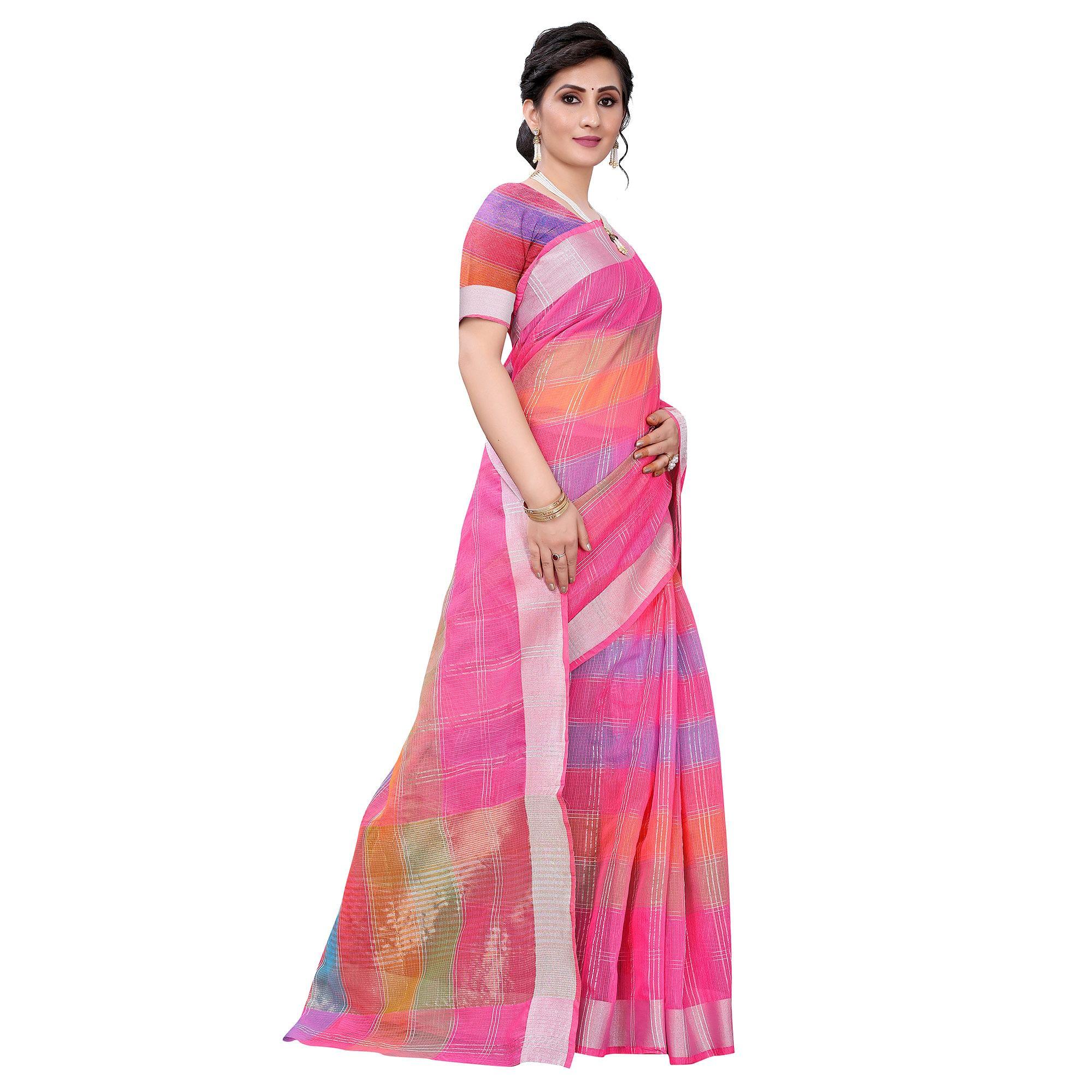 Pink Casual Wear Checks Printed Silk Saree With Border - Peachmode