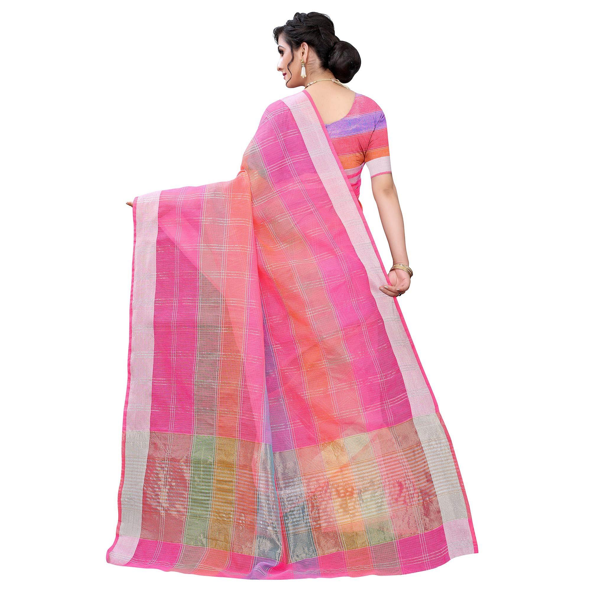 Pink Casual Wear Checks Printed Silk Saree With Border - Peachmode