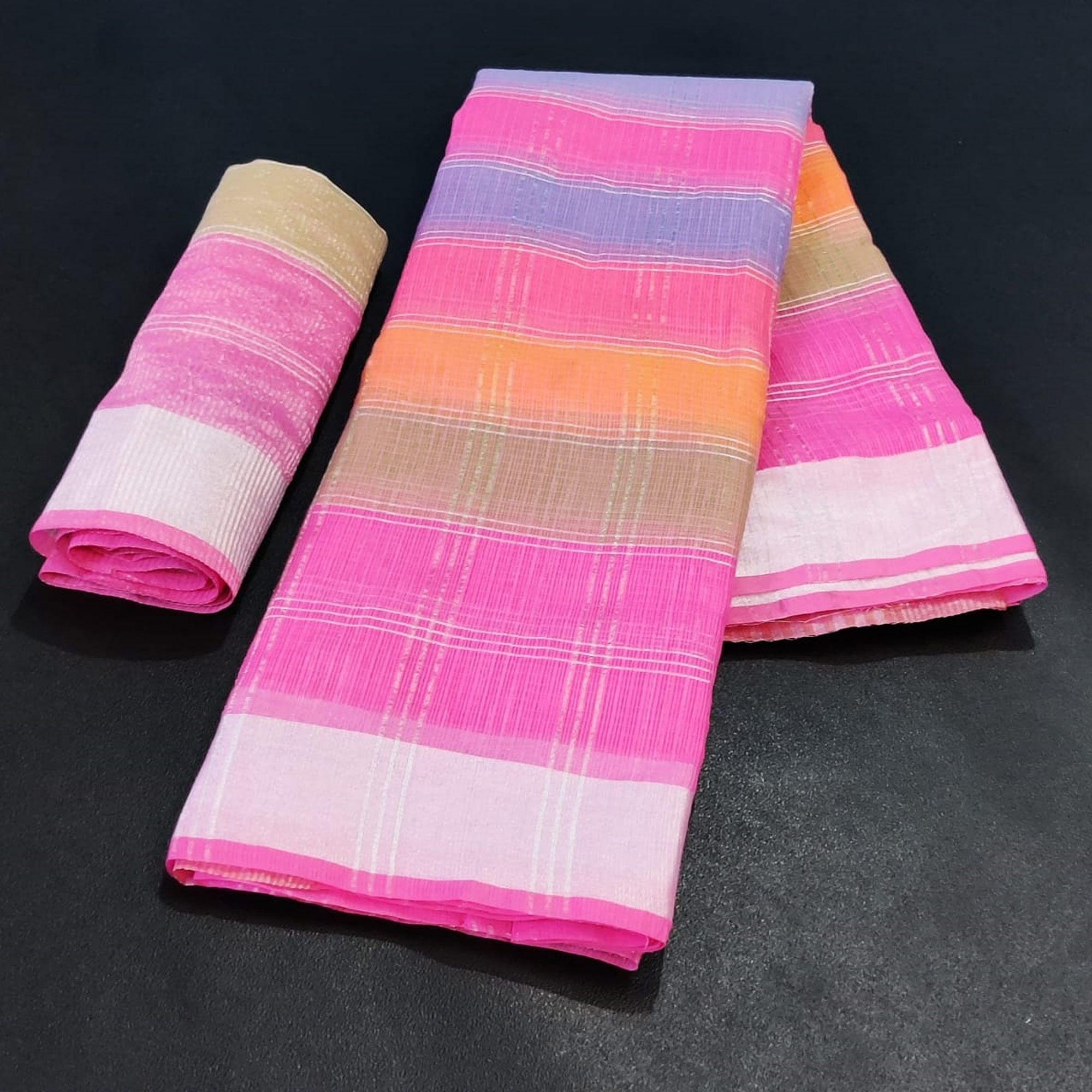 Pink Casual Wear Checks Printed Silk Saree With Border - Peachmode