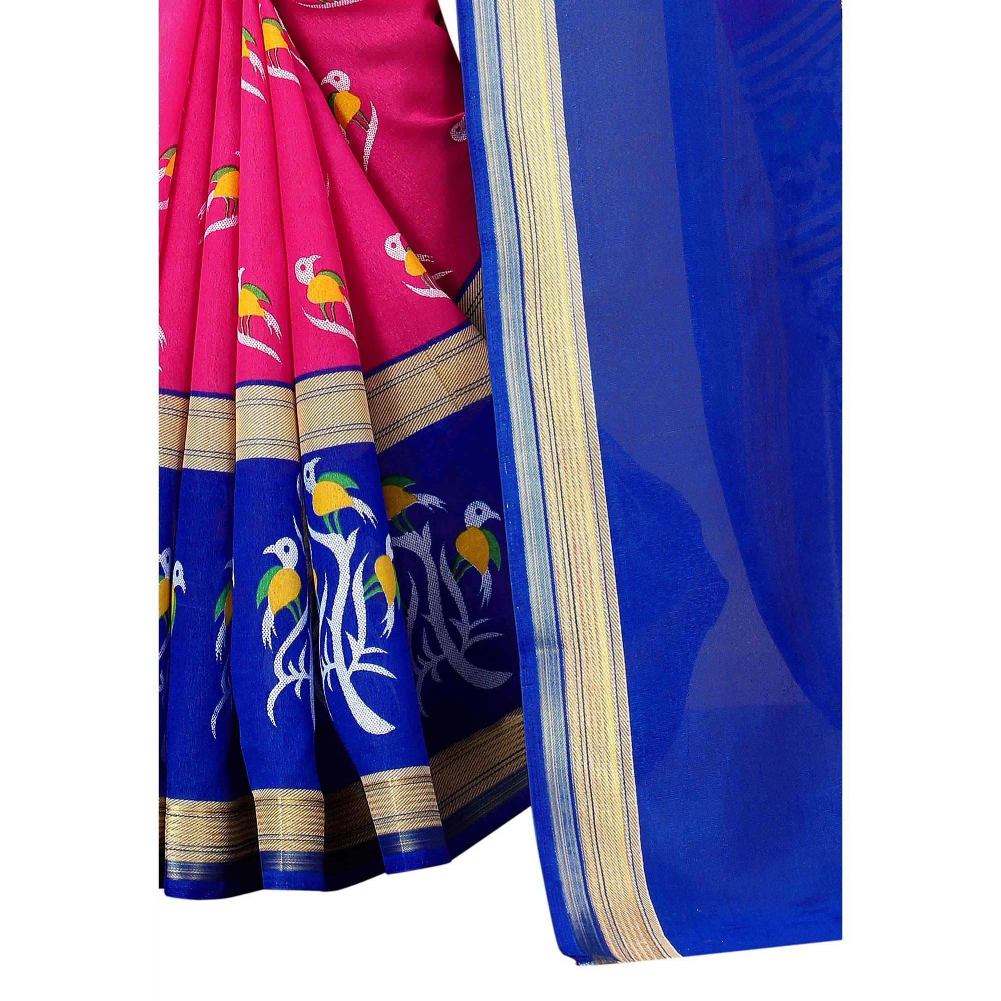 Pink Casual Wear Designer Hand Block Printed Cotton Linen Saree - Peachmode