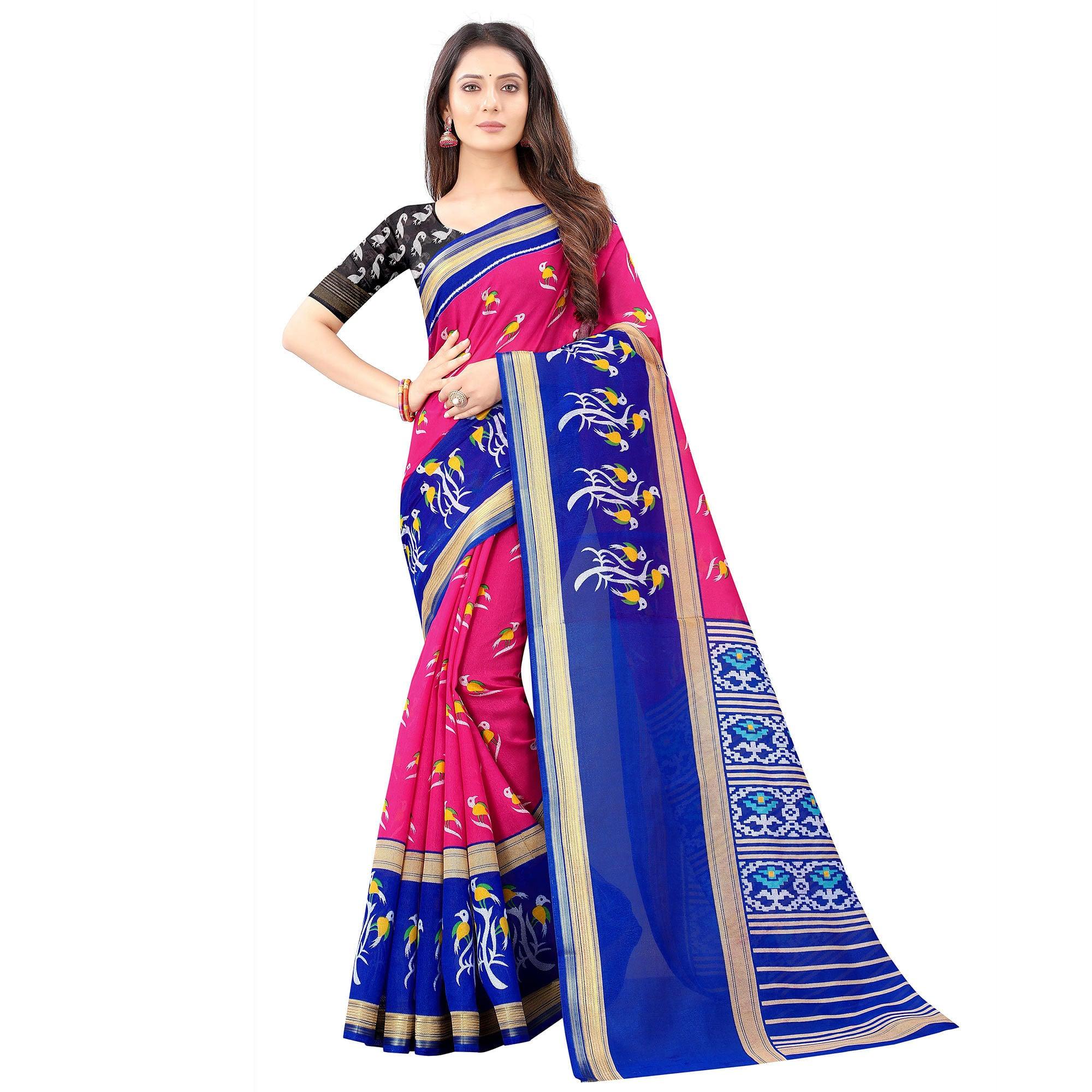 Pink Casual Wear Designer Hand Block Printed Cotton Linen Saree - Peachmode
