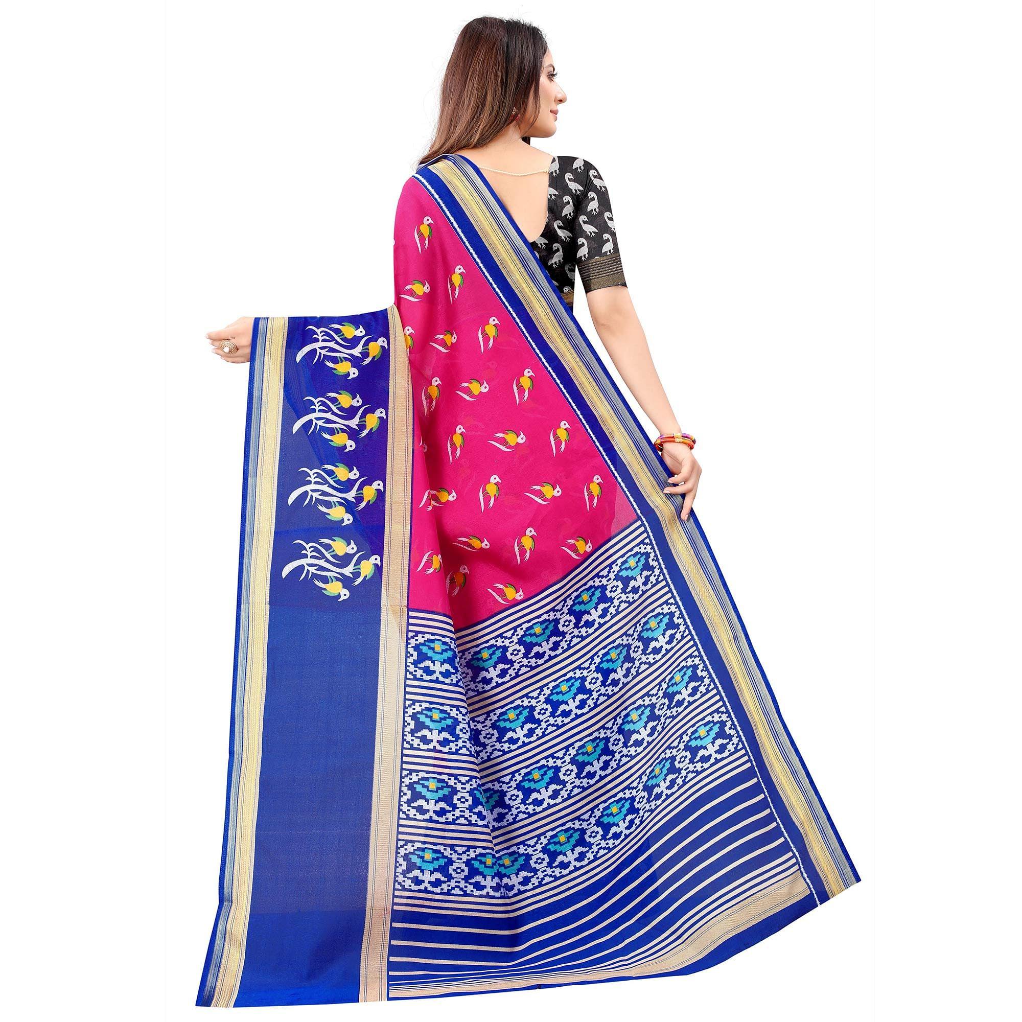 Pink Casual Wear Designer Hand Block Printed Cotton Linen Saree - Peachmode