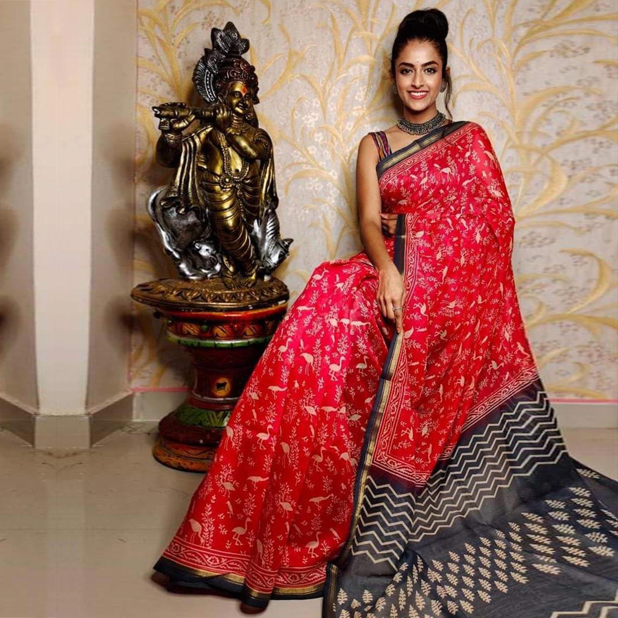 Pink Casual Wear Digital Printed Chanderi Silk Saree - Peachmode