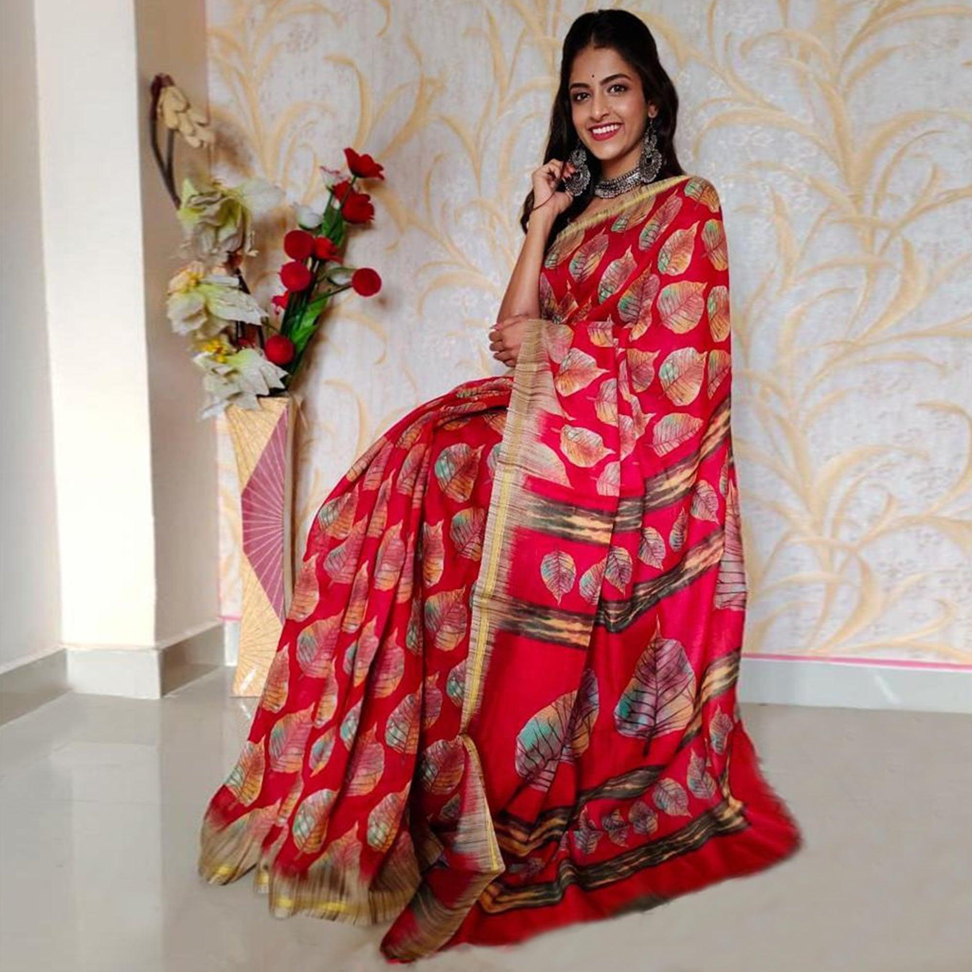 Pink Casual Wear Digital Printed Chanderi Silk Saree - Peachmode