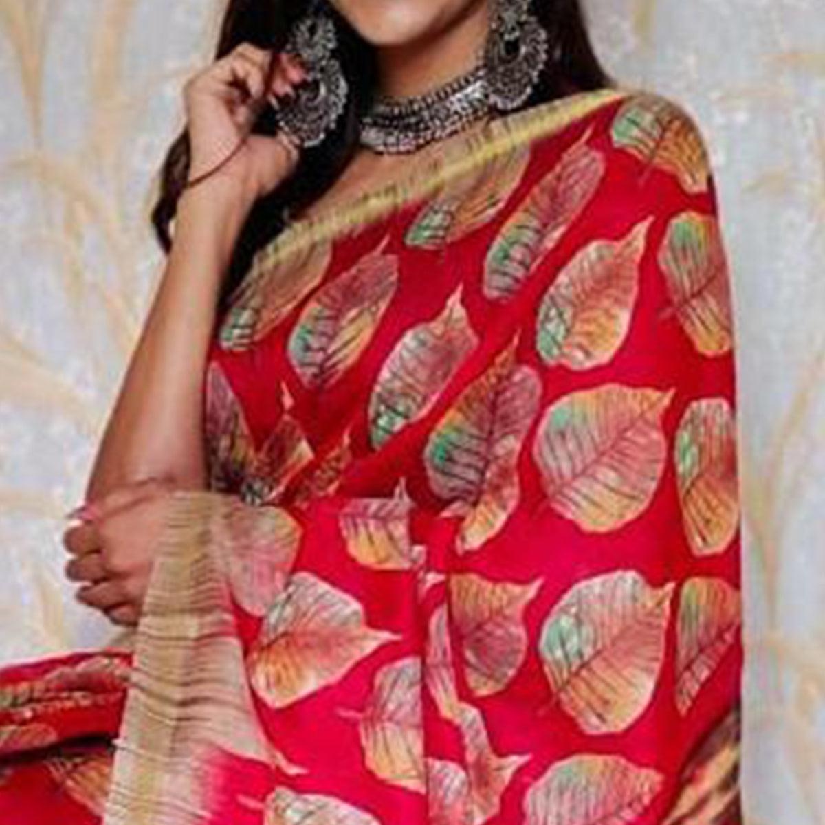 Pink Casual Wear Digital Printed Chanderi Silk Saree - Peachmode