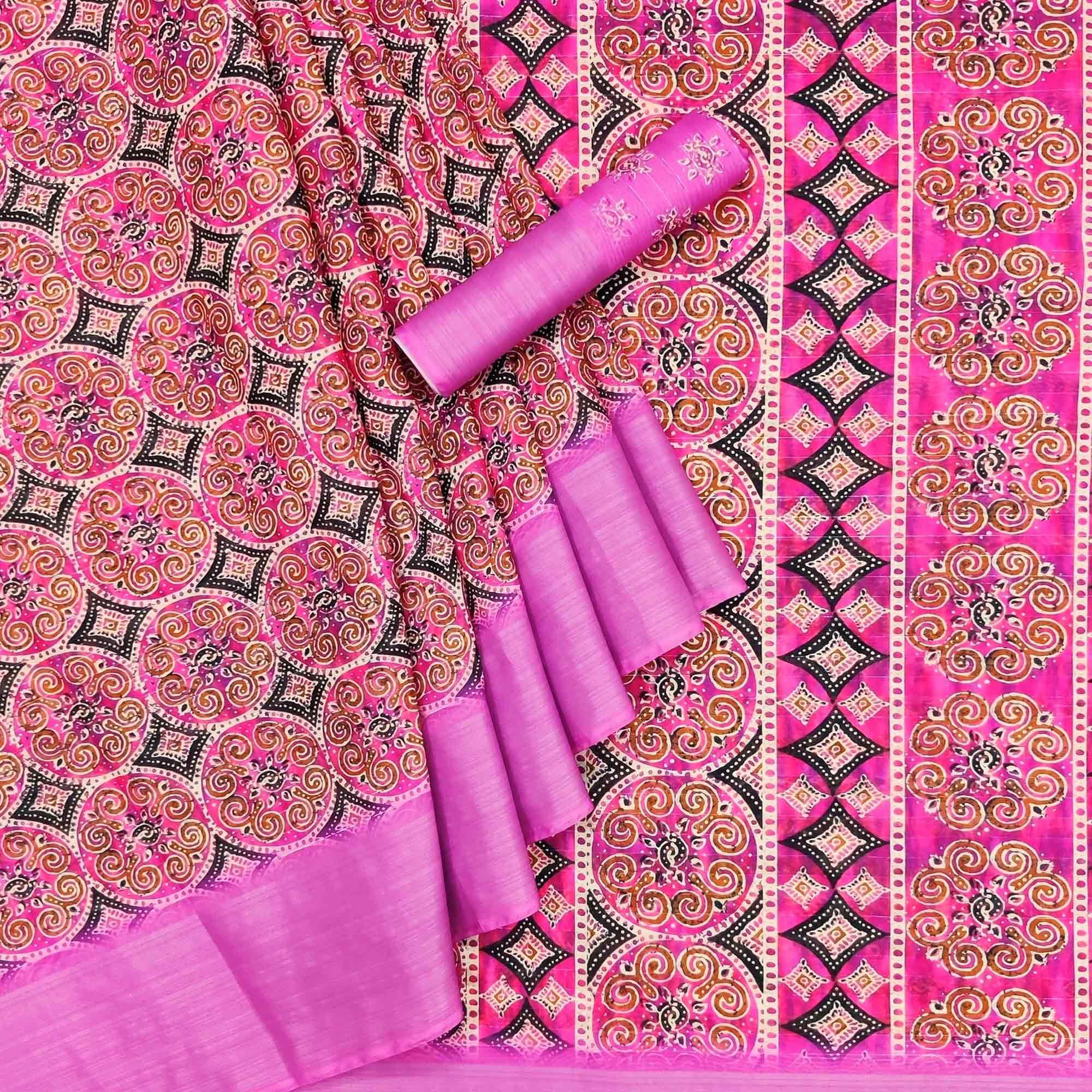 Pink Casual Wear Digital Printed Cotton Silk Saree - Peachmode