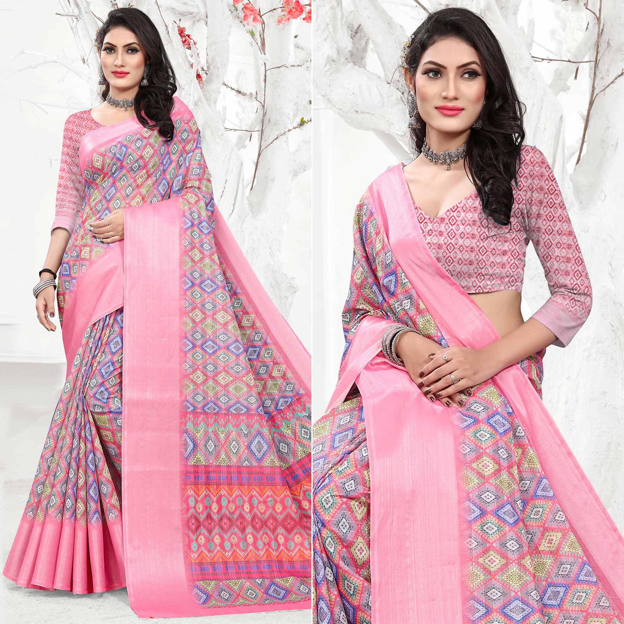 Pink Casual Wear Digital Printed Cotton Silk Saree - Peachmode