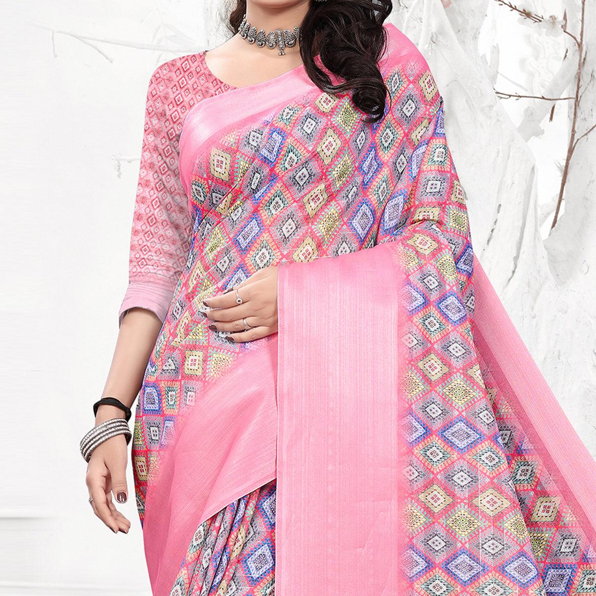 Pink Casual Wear Digital Printed Cotton Silk Saree - Peachmode
