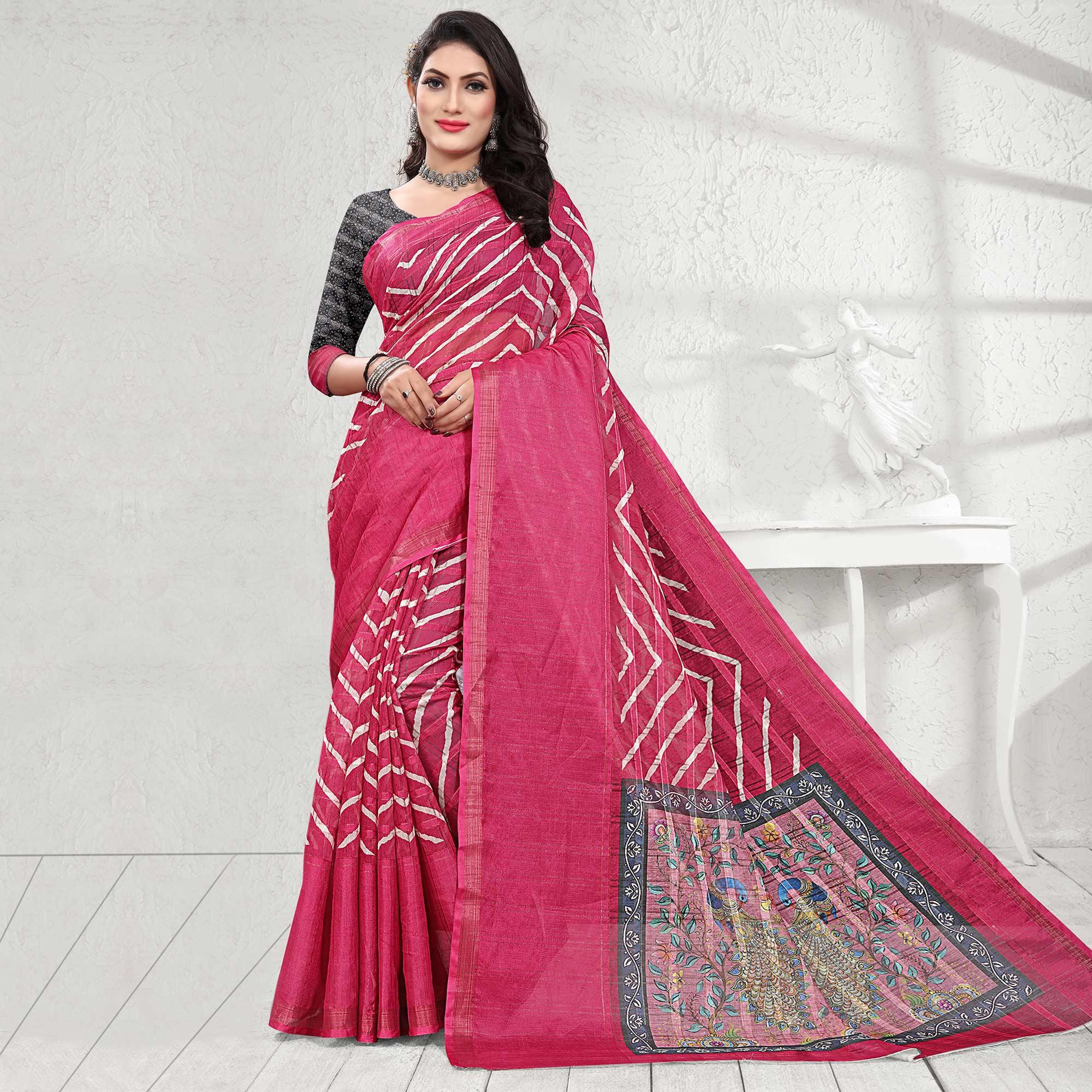 Pink Casual Wear Digital Printed Cotton Silk Saree - Peachmode