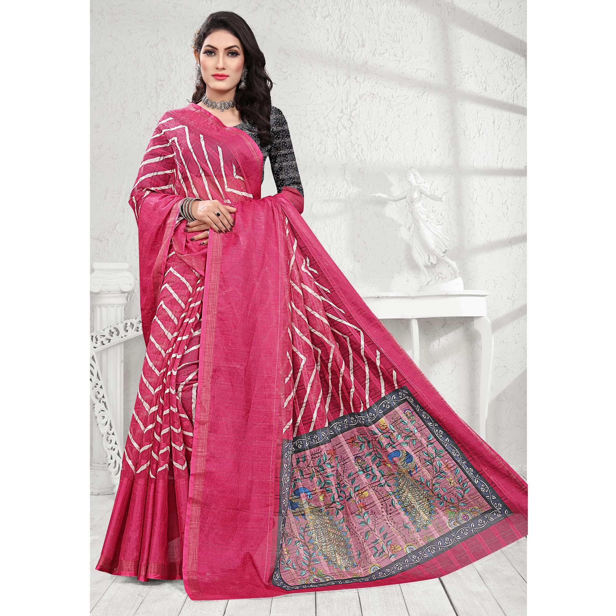 Pink Casual Wear Digital Printed Cotton Silk Saree - Peachmode
